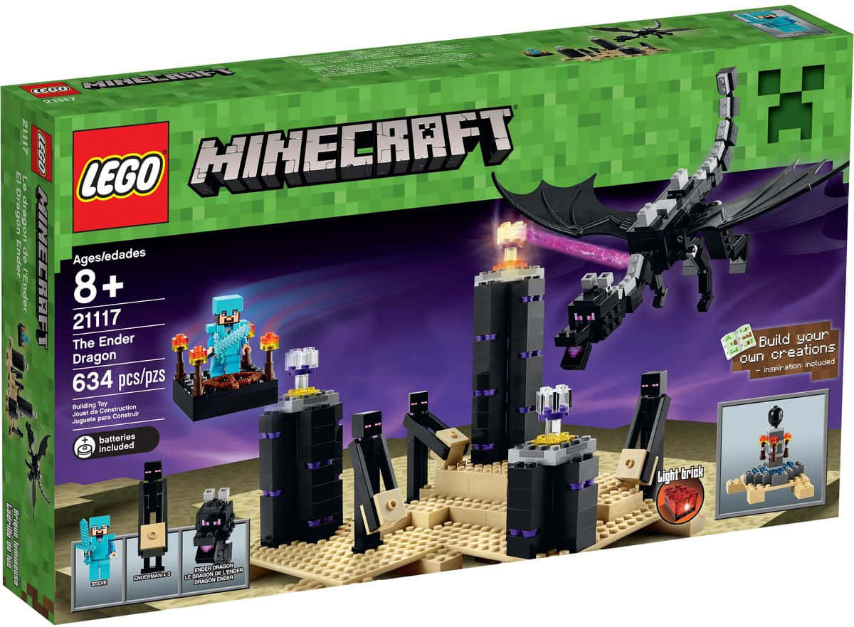 威懾四方的末影龍自天而降 壁紙 — 一個LEGO Minecraft套裝，包含一隻黑色終界龍在終界柱上方飛翔，還有終界使者和一個發光的終界箱。
