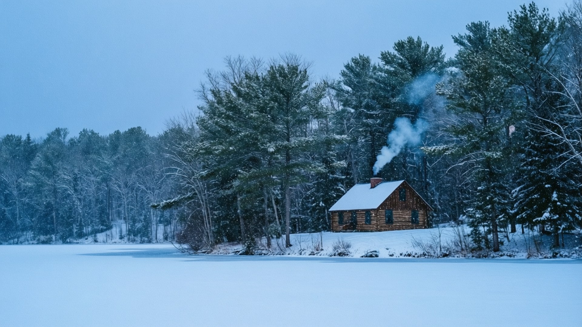 結冰湖邊的雪中小屋，煙囪冒煙