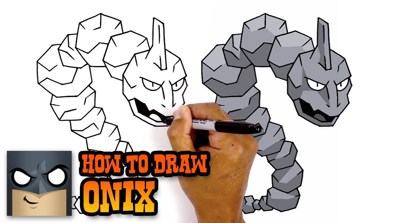 威武 Onix 的戰鬥姿態 壁紙 — 一隻手用馬克筆在白紙上畫出一個灰色多邊形的大岩蛇，旁邊是其輪廓版本。