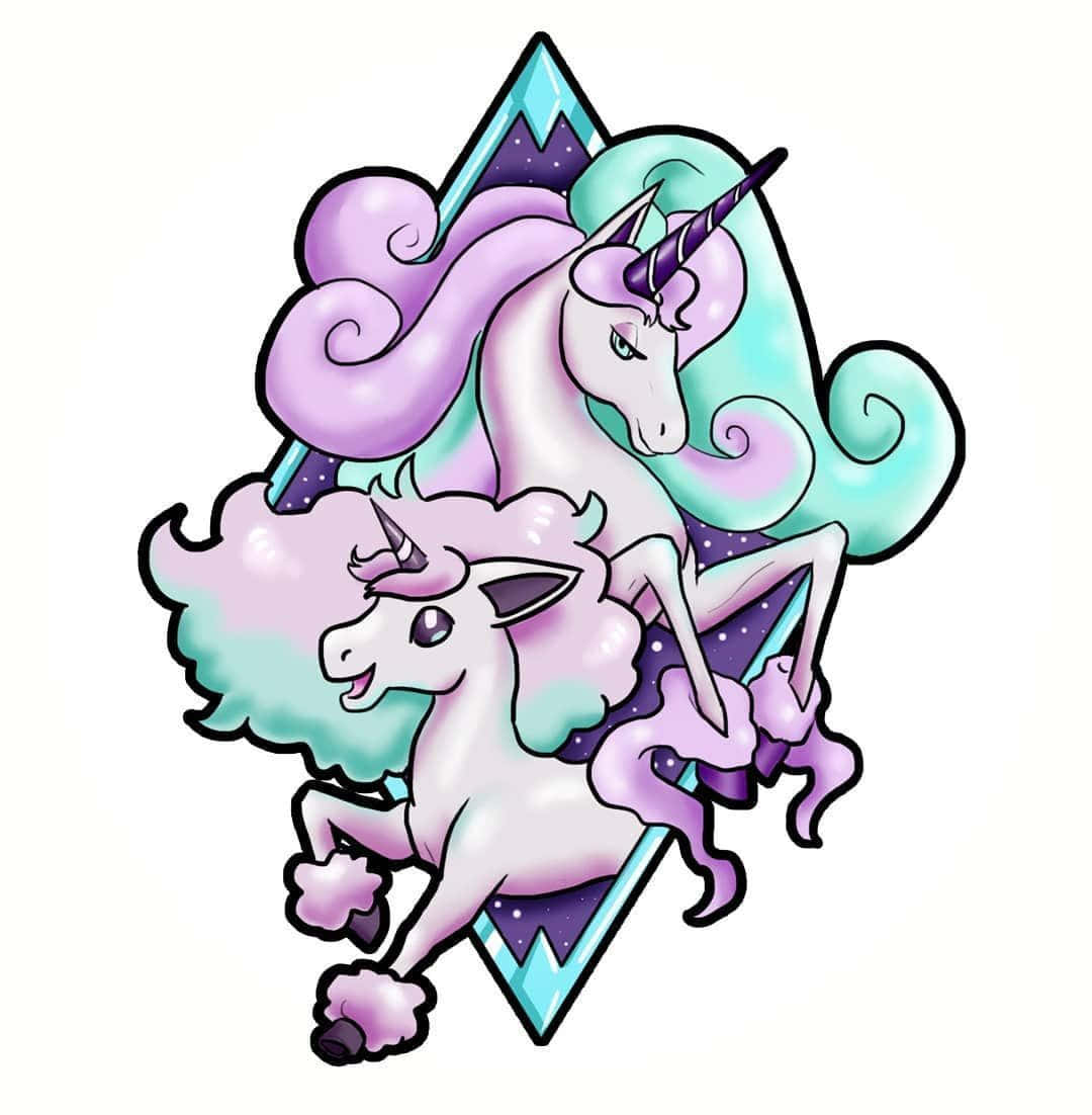 威武 Rapidash 燃燒烈焰 壁紙 — 兩隻夢幻獨角獸，擁有粉彩鬃毛和星空背景，鑲嵌在鑽石形狀的框架中。