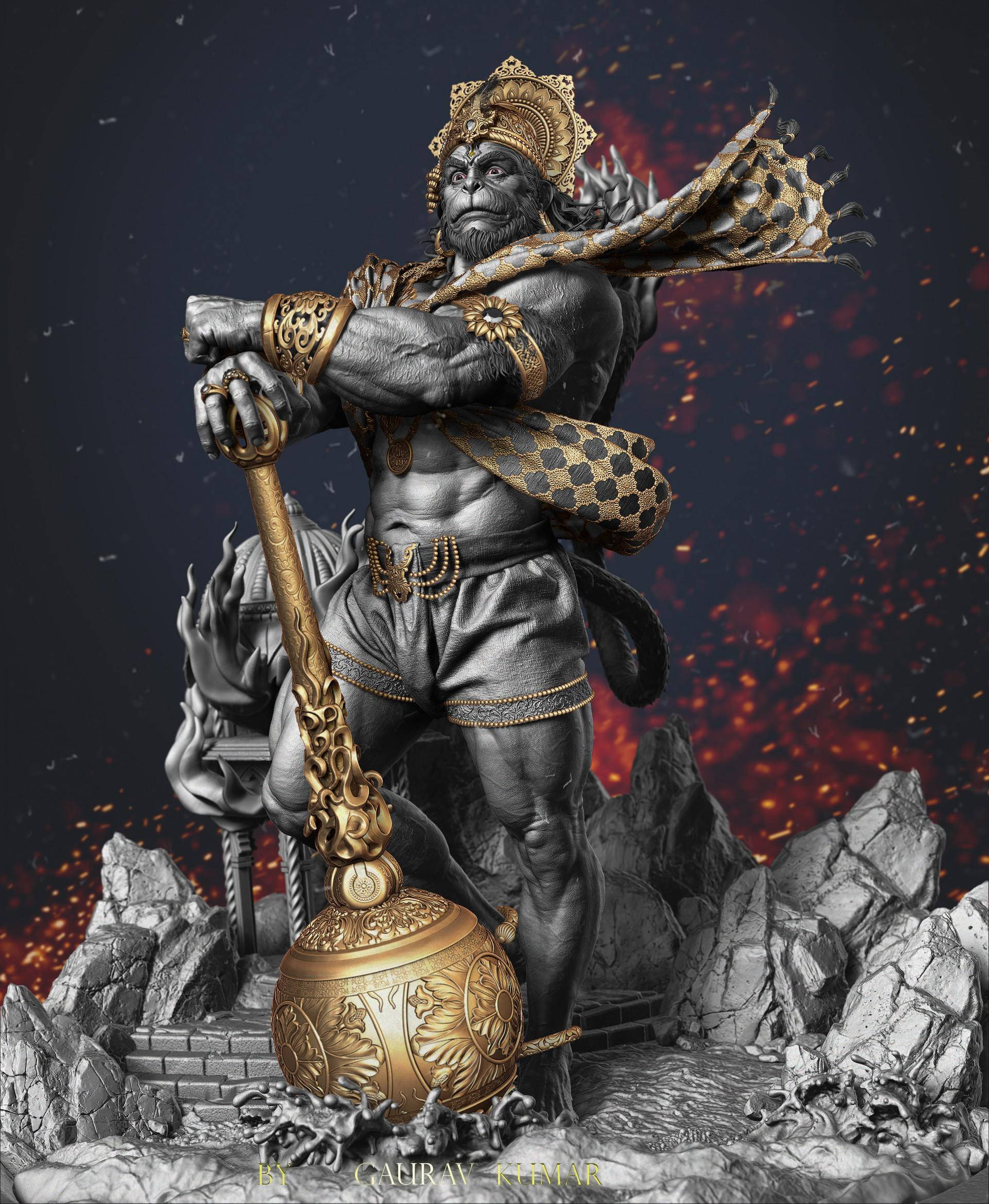 威武漢uman 3D雕塑 壁紙 — 一個肌肉發達的猴神雕像，身穿金銀盔甲，在火花四濺和崎嶇岩石中揮舞著巨大的華麗狼牙棒。
