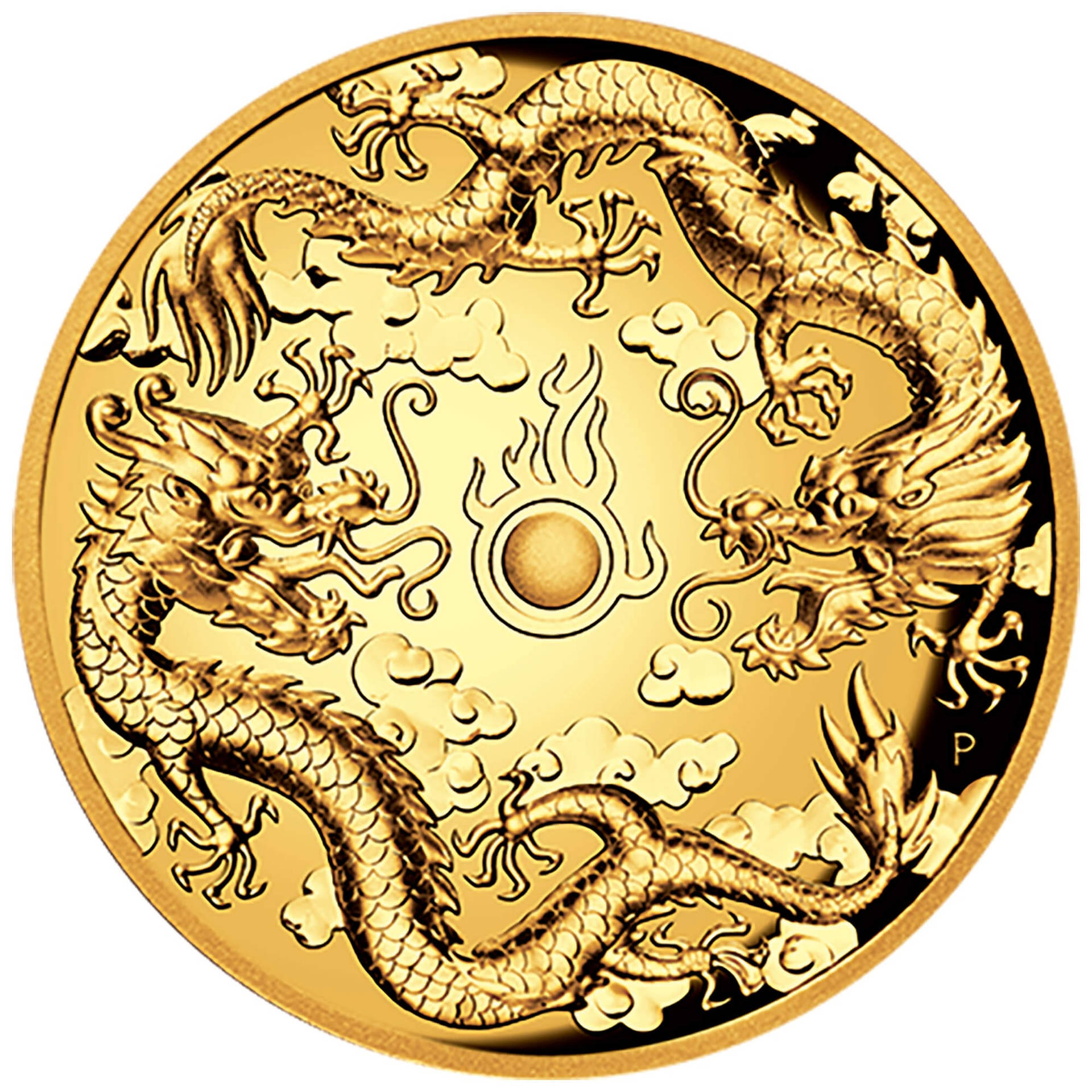 紀念幣上兩條金龍環繞太陽。