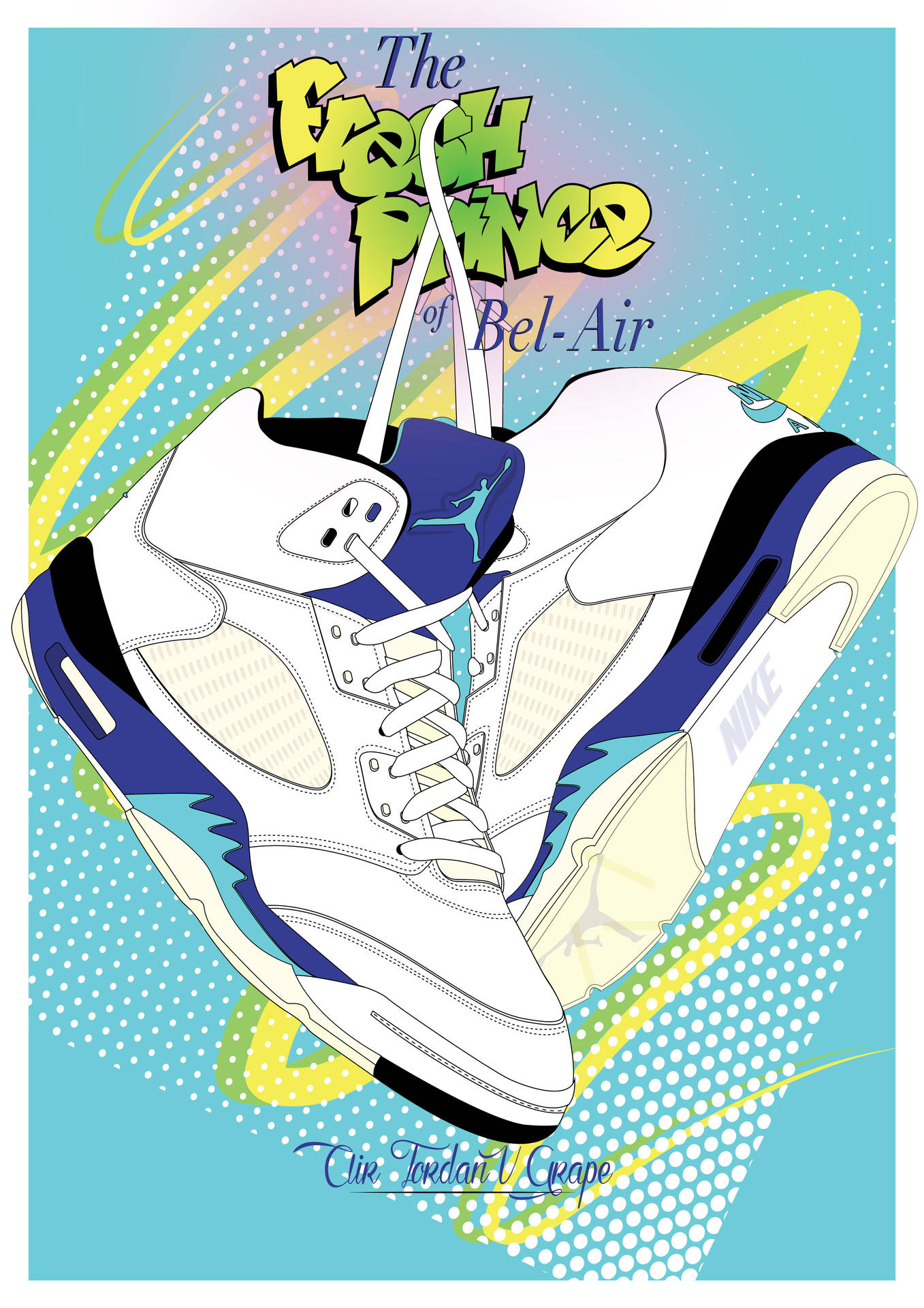 白色、藍色和藍綠色的Air Jordan 5運動鞋，帶有'The Fresh Prince of Bel-Air'文字，復古流行藝術風格。