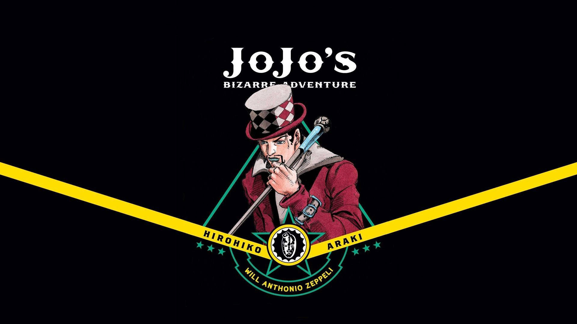 威爾·安東尼奧·澤佩利——《JoJo的奇妙冒險》 壁紙 — 一個風格化的動漫角色，身穿紅色外套和格子帽，在帶有黃色對角線條紋和文字的黑色背景上持劍。