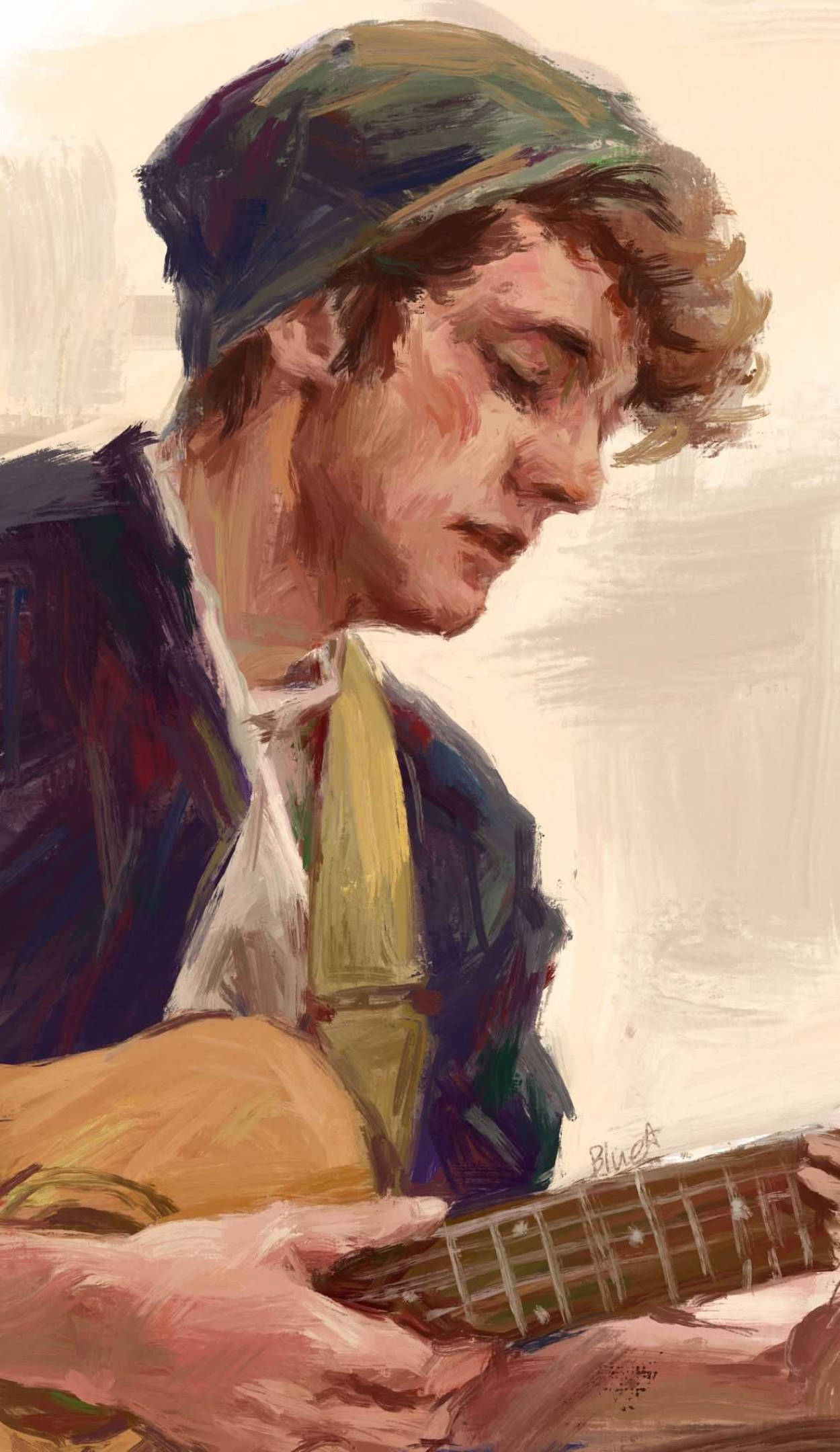 威爾伯·蘇特藝術印象 壁紙 — 一幅繪畫風格的肖像，描繪一位戴著綠色頭巾的年輕男子，專注地彈奏木結他。