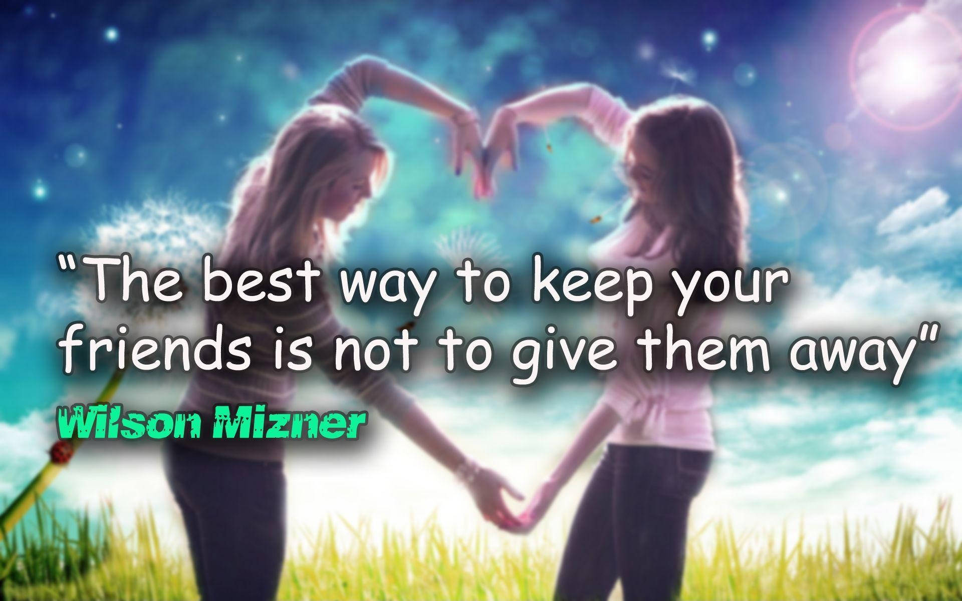 威爾遜·米澤納友情名言 壁紙 — 兩位女士在繁星點點的天空下，在草地上用手形成一個心形，並有明亮的太陽耀斑。