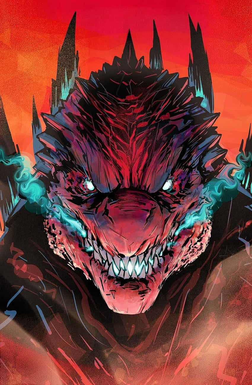 威猛哥吉拉藝術圖 壁紙 — 一條帶有發光藍色眼睛和煙霧的威脅性紅黑龍，對著帶有鋸齒狀尖塔的熾熱橙色天空呼吸。