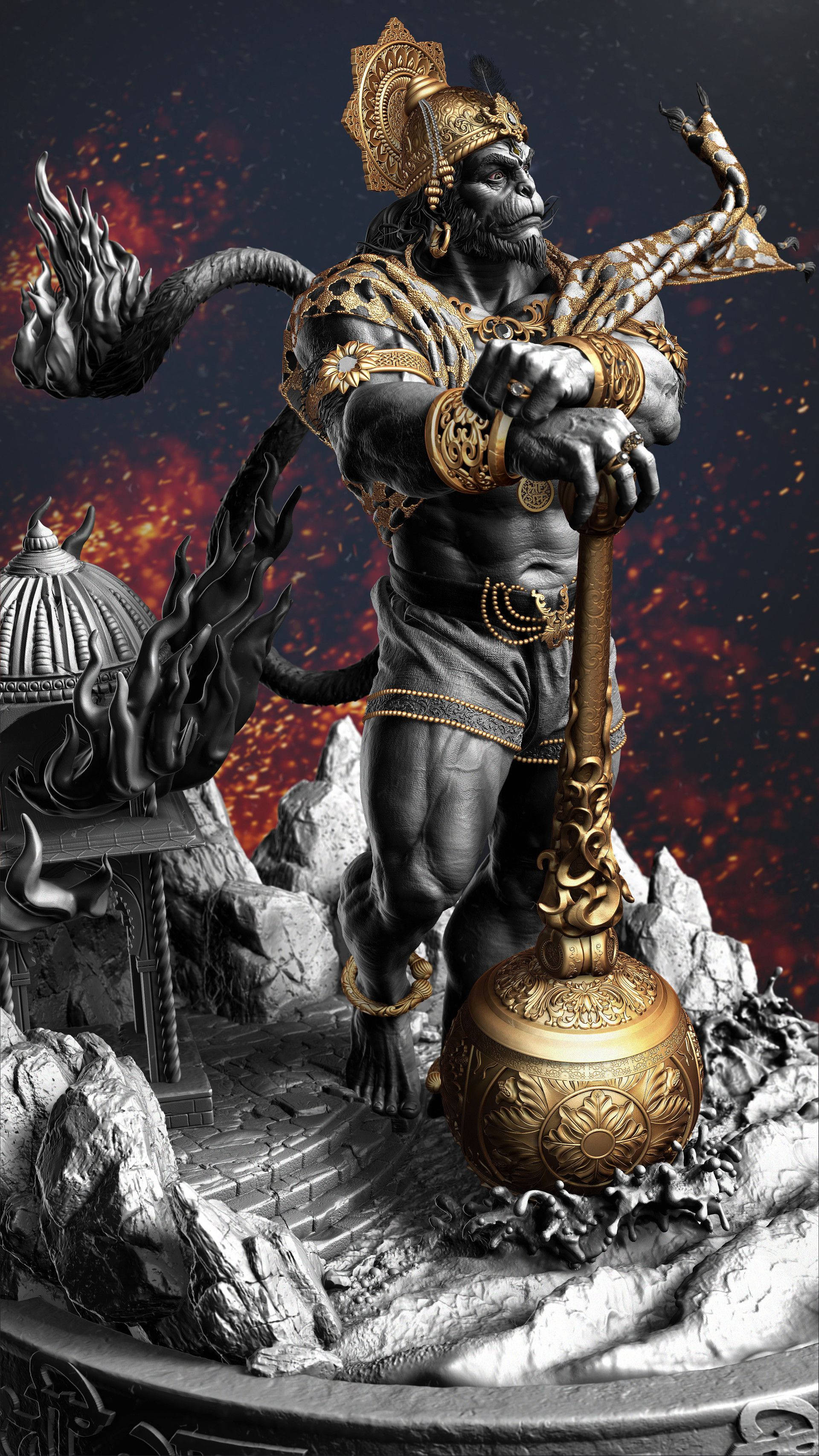威猛漢uman 3D 壁紙 — 一個肌肉發達的猴神穿著金色盔甲，在岩石基座上揮舞著火焰狼牙棒，背景是熾熱的宇宙。