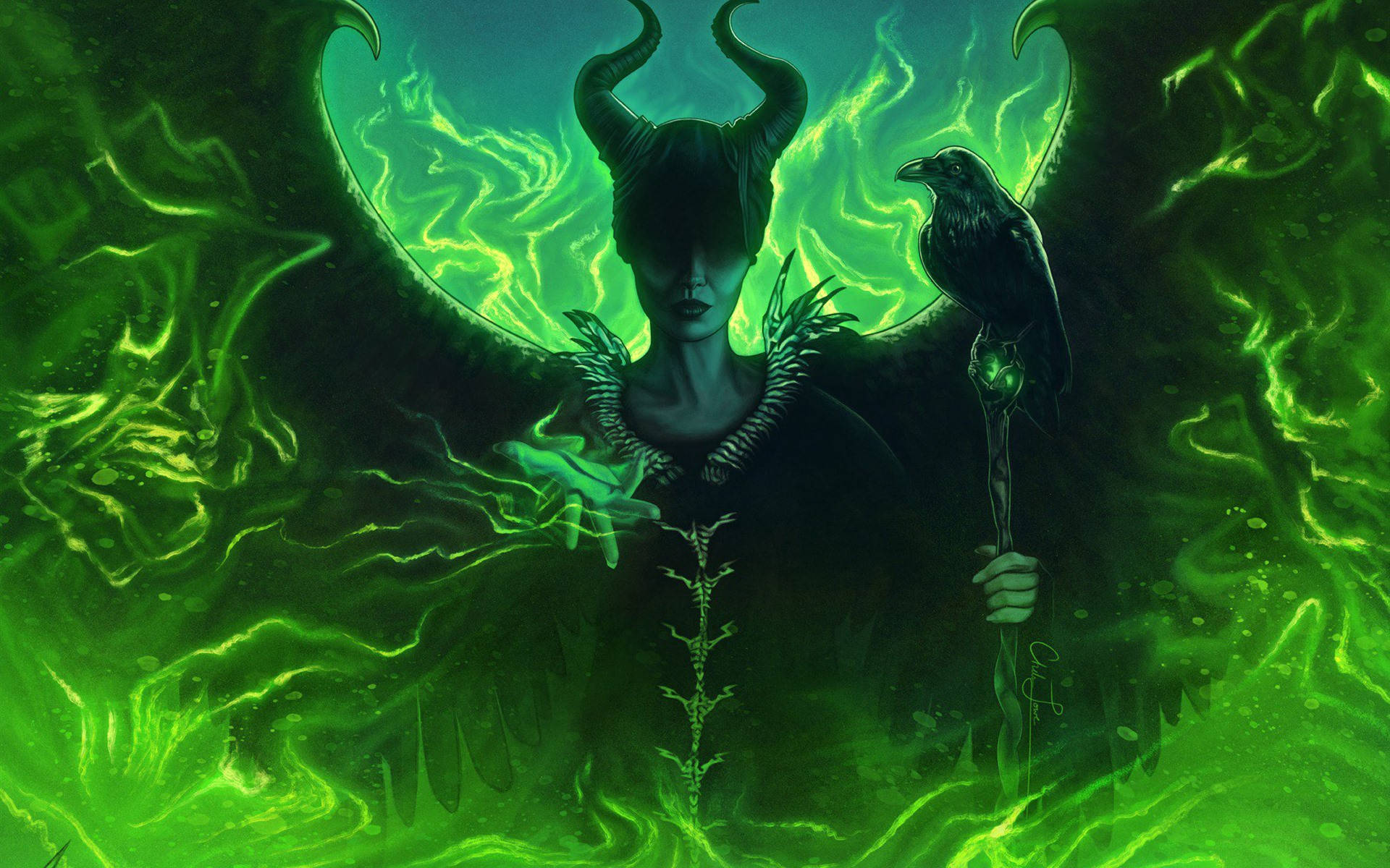 一個有角的黑暗女巫和杖上的烏鴉被綠色魔法包圍。