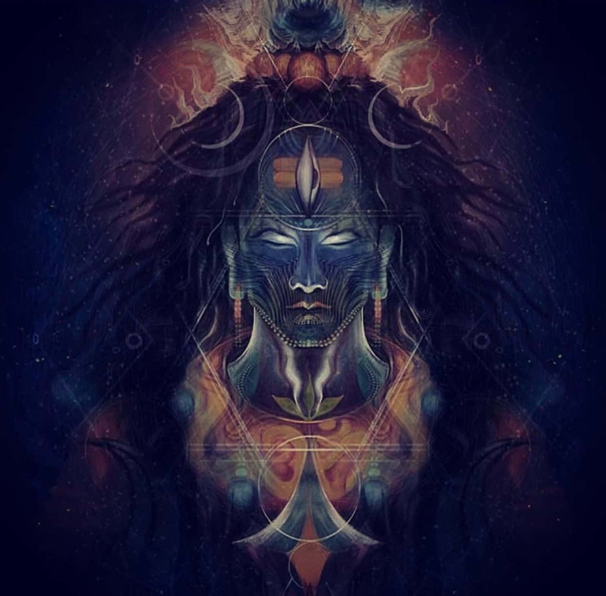 在黑暗繁星環境中，一位擁有發光眼睛和宇宙符號的藍皮膚神聖人物。