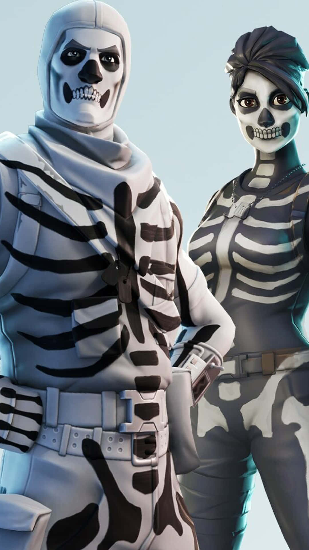 兩個穿著骷髏服裝的Fortnite角色一起擺姿勢。