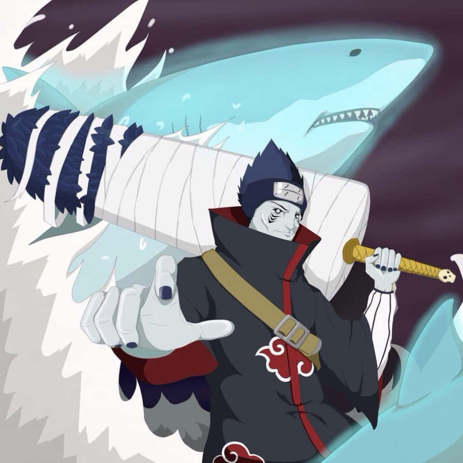 動漫忍者喺冰冷嘅水中持有鯊魚武器