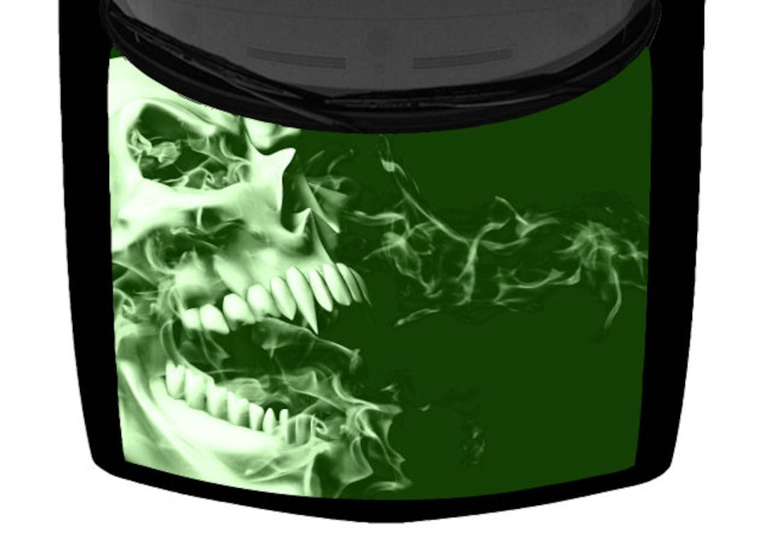 發光的綠色骷髏頭帶着煙霧，在深綠色背景上，置於彎曲的黑色框架中。