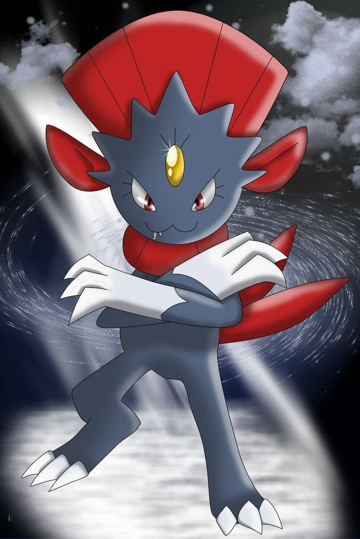 威脅感十足的 Weavile 防禦姿勢 壁紙 — 一隻兇猛的動漫風格寶可夢，擁有紅色和灰色的毛髮，自信地站在旋轉的宇宙背景前。