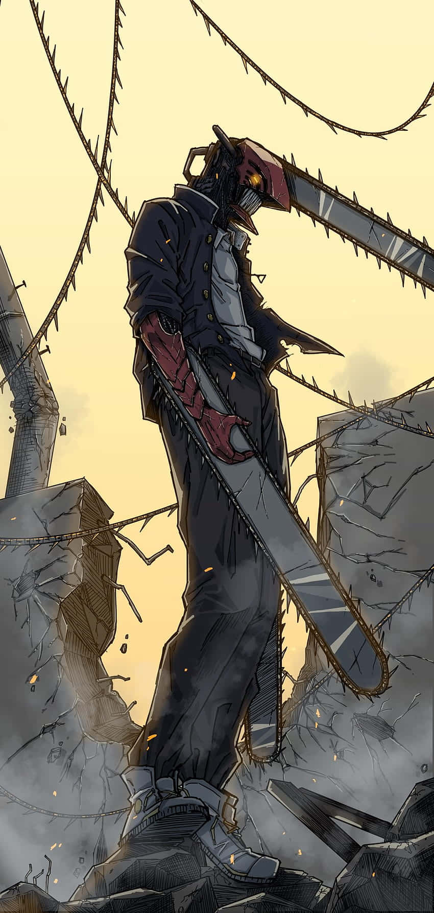 威脅站立 Chainsaw Man 頭像 壁紙 — 一個手持電鋸的威脅人物站在瓦礫中，天空昏黃，火花四濺。
