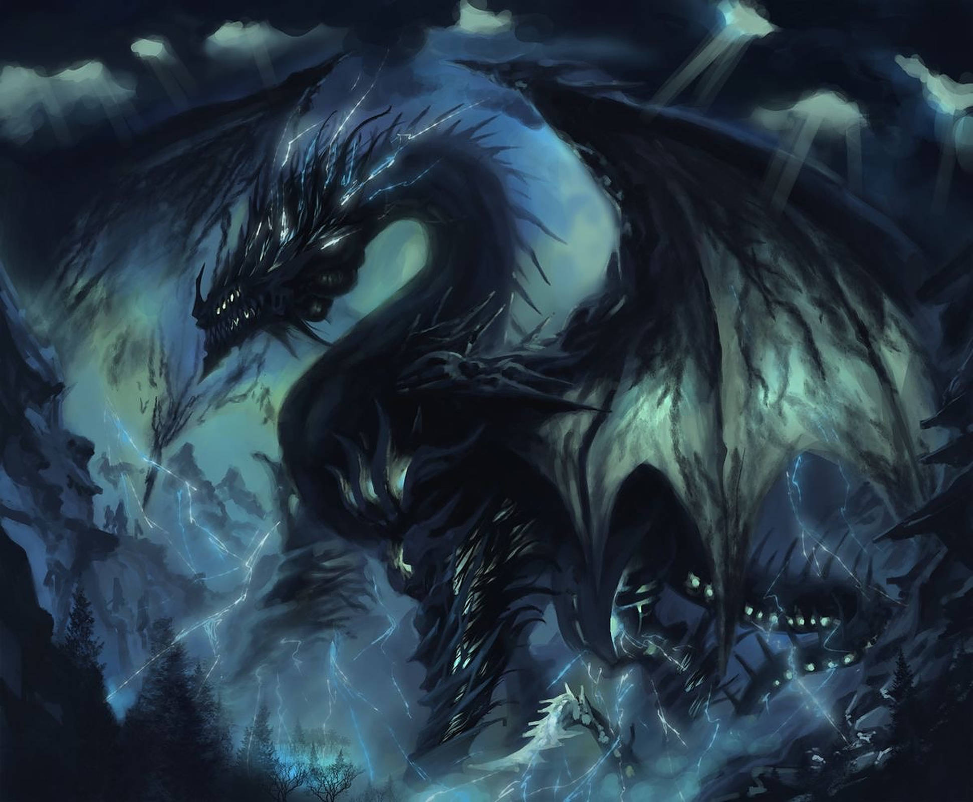 威脅雷龍 壁紙 — 一隻巨大的黑暗巨龍，眼睛發光，閃電在其翅膀周圍噼啪作響，主宰著暴風雨的山區夜空。