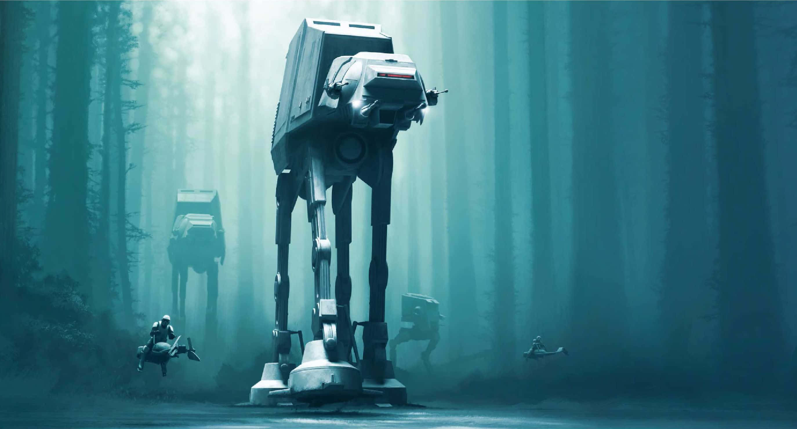 At-at 桌布 壁紙 — 威風凜凜的AT-AT步行機穿過霧氣瀰漫的藍綠色森林，高聳的樹木和散落的士兵點綴其間。