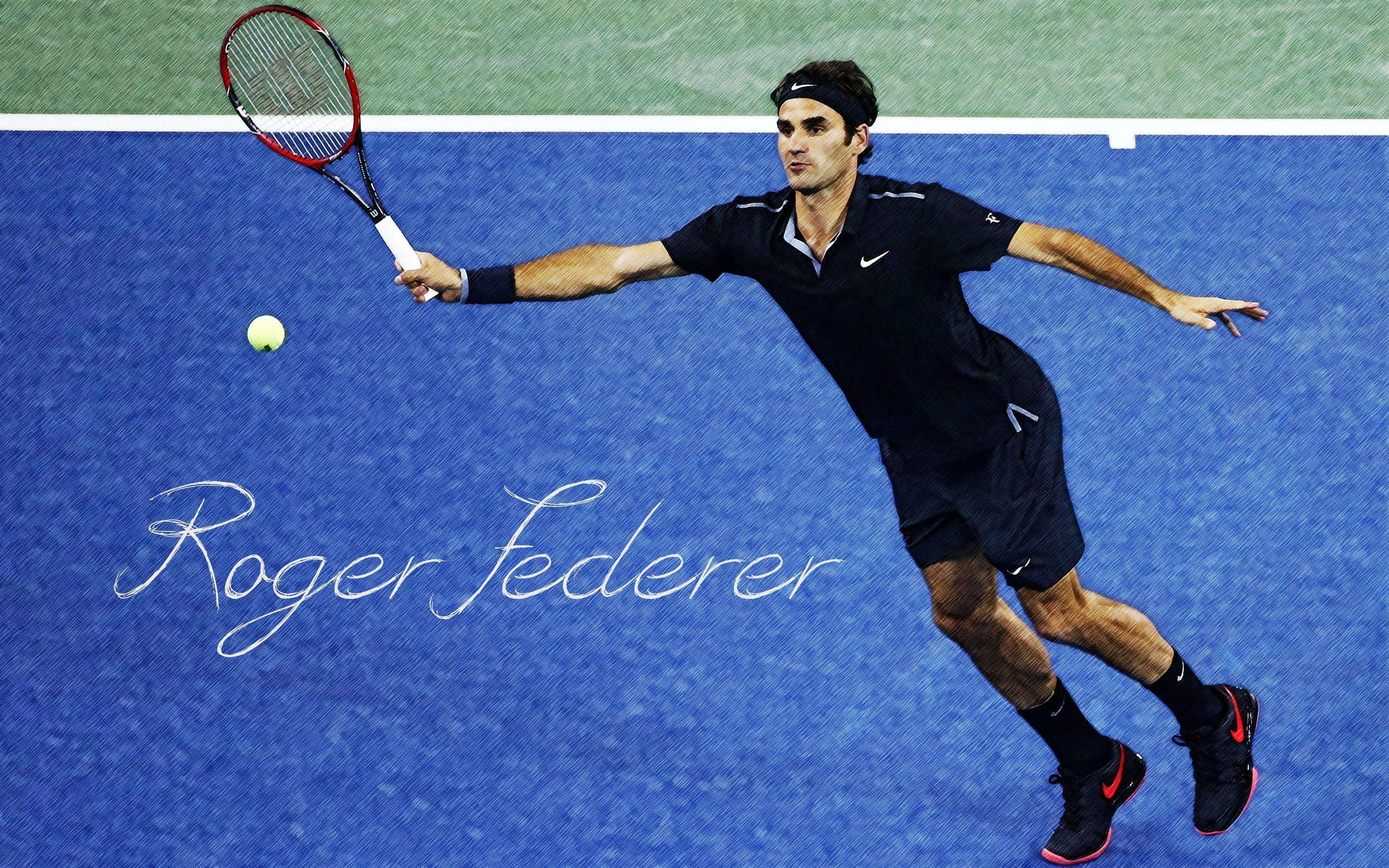 威風凜凜的羅傑·費德勒賽場風采 壁紙 — 羅傑·費達拿在藍色硬地球場上動態地跨步，專注地擊打網球。