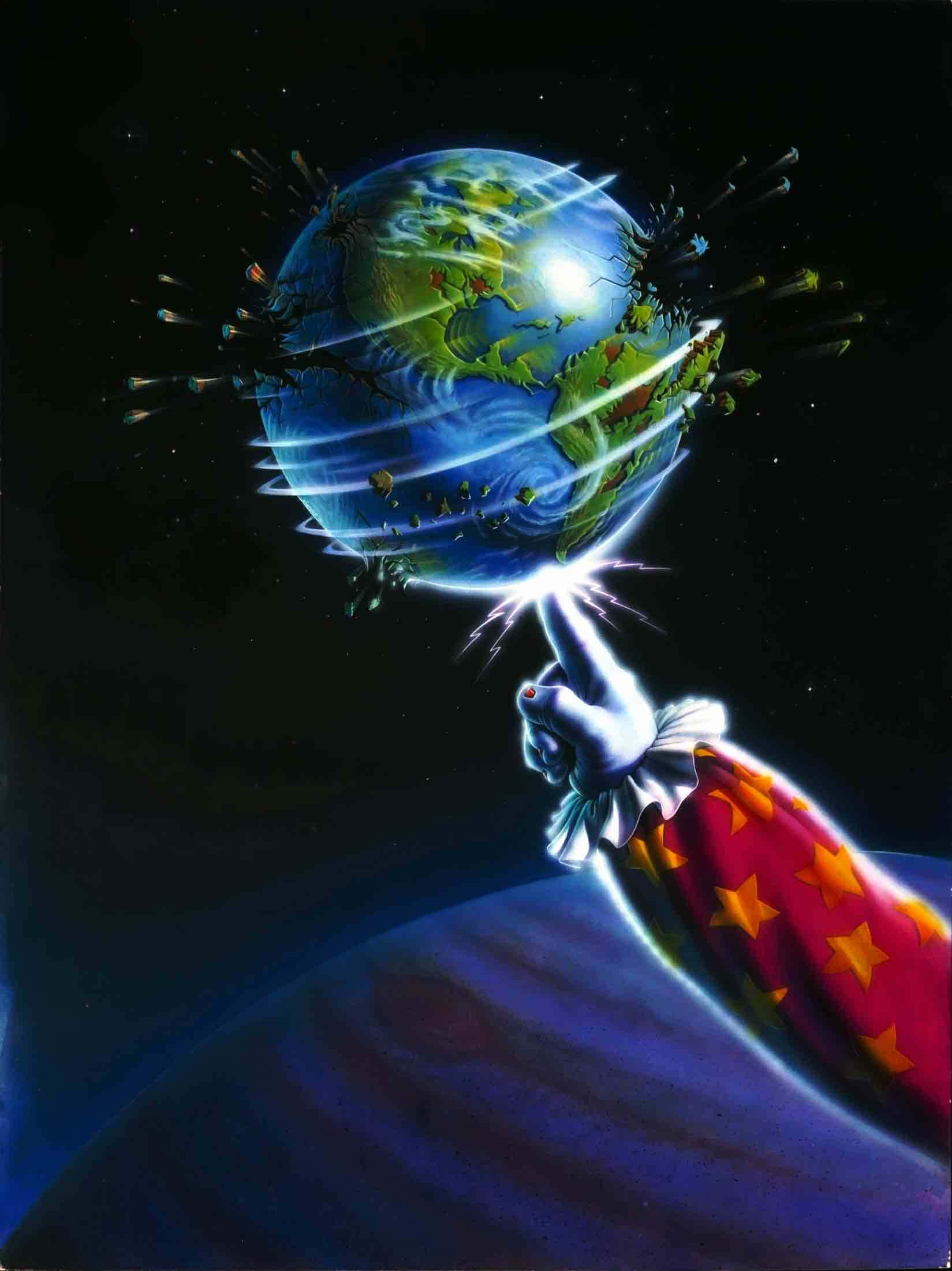 娛樂恐怖——《來自外太空的殺人小丑》 壁紙 — 一隻戴著手套的手，穿著佈滿星星的紅色袖子，用發光的手指指向一個旋轉的地球，地球被宇宙碎片包圍，背景是佈滿星星的虛空。