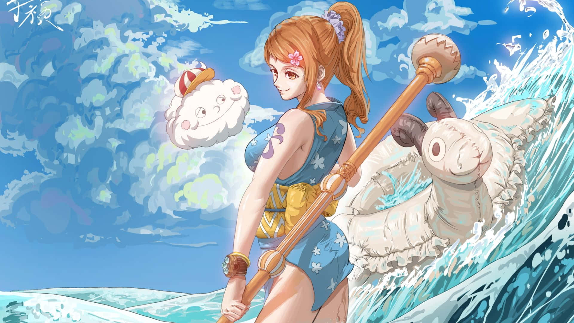 動漫女孩拿錘子騎海波浪，有羊同伴，藍天背景