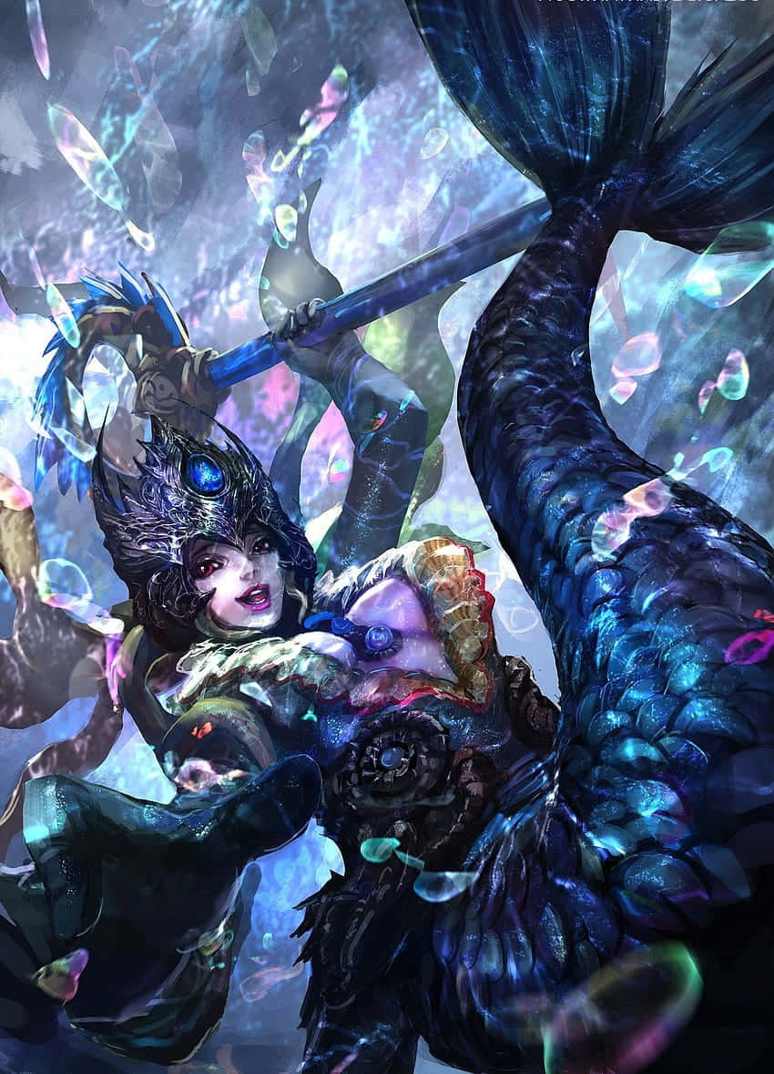 一位強大的裝甲人魚戰士，在水下拿著長矛，周圍有發光的氣泡。