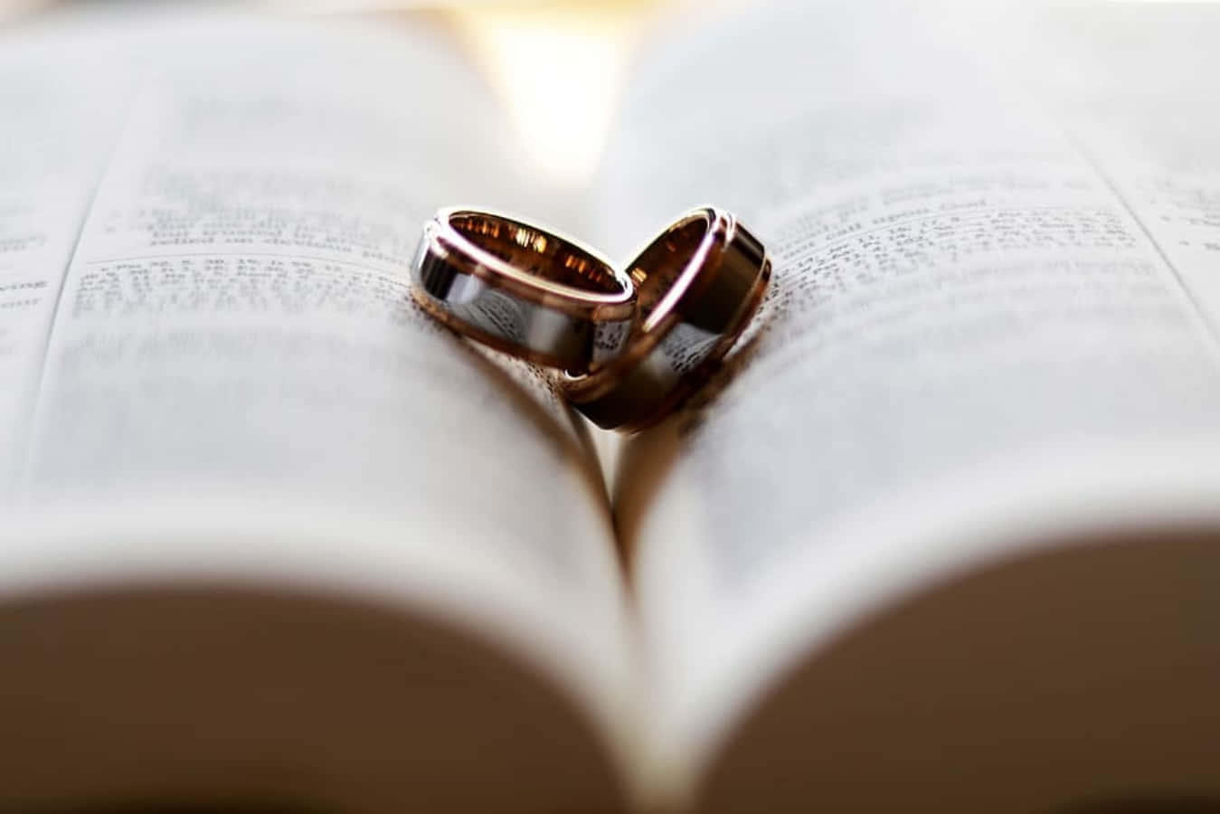 兩枚結婚戒指在打開的書頁上排列成心形。