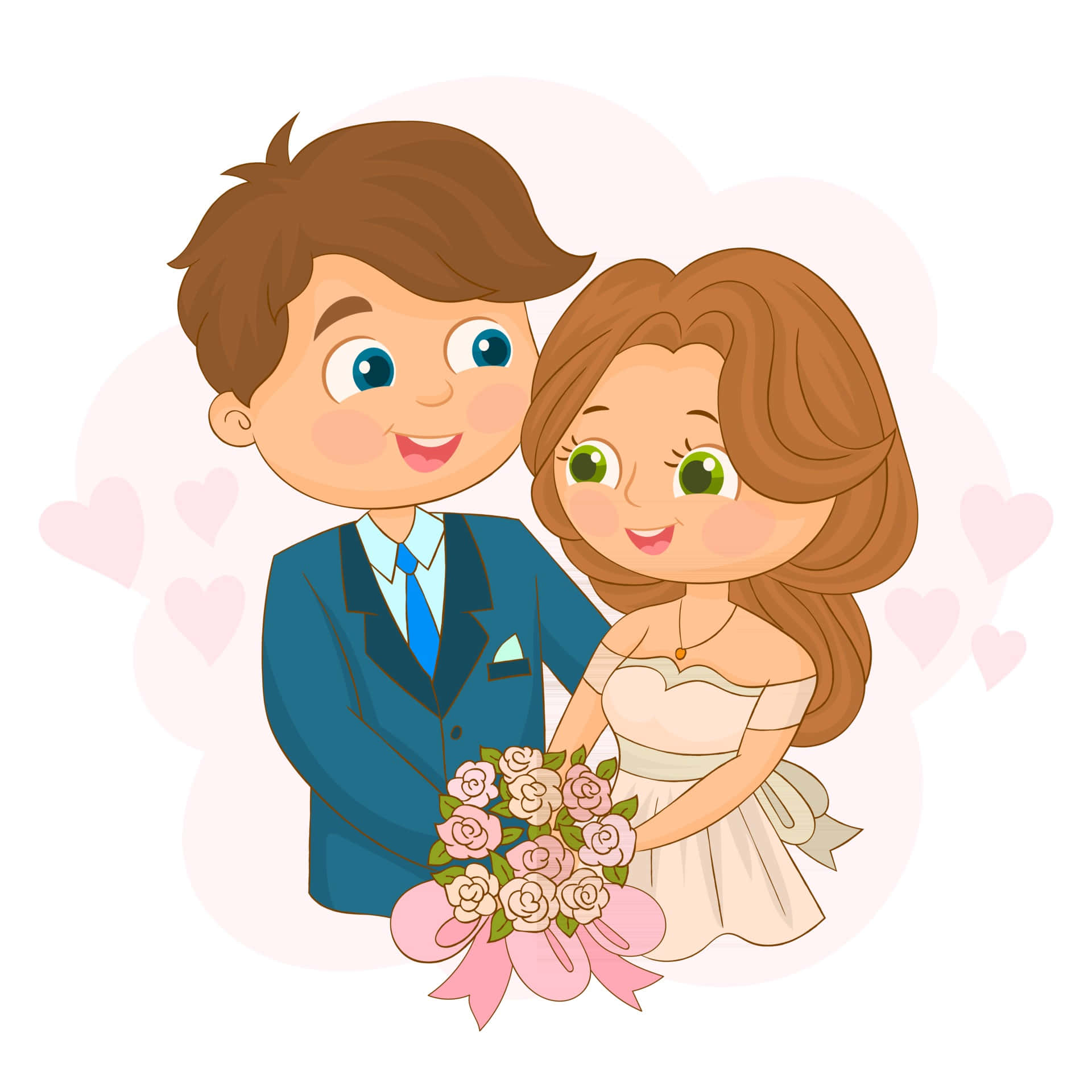 婚禮夫婦插畫藝術 壁紙 — 一對開心的卡通新郎新娘微笑著，手持粉紅玫瑰花束，周圍漂浮著心形圖案。