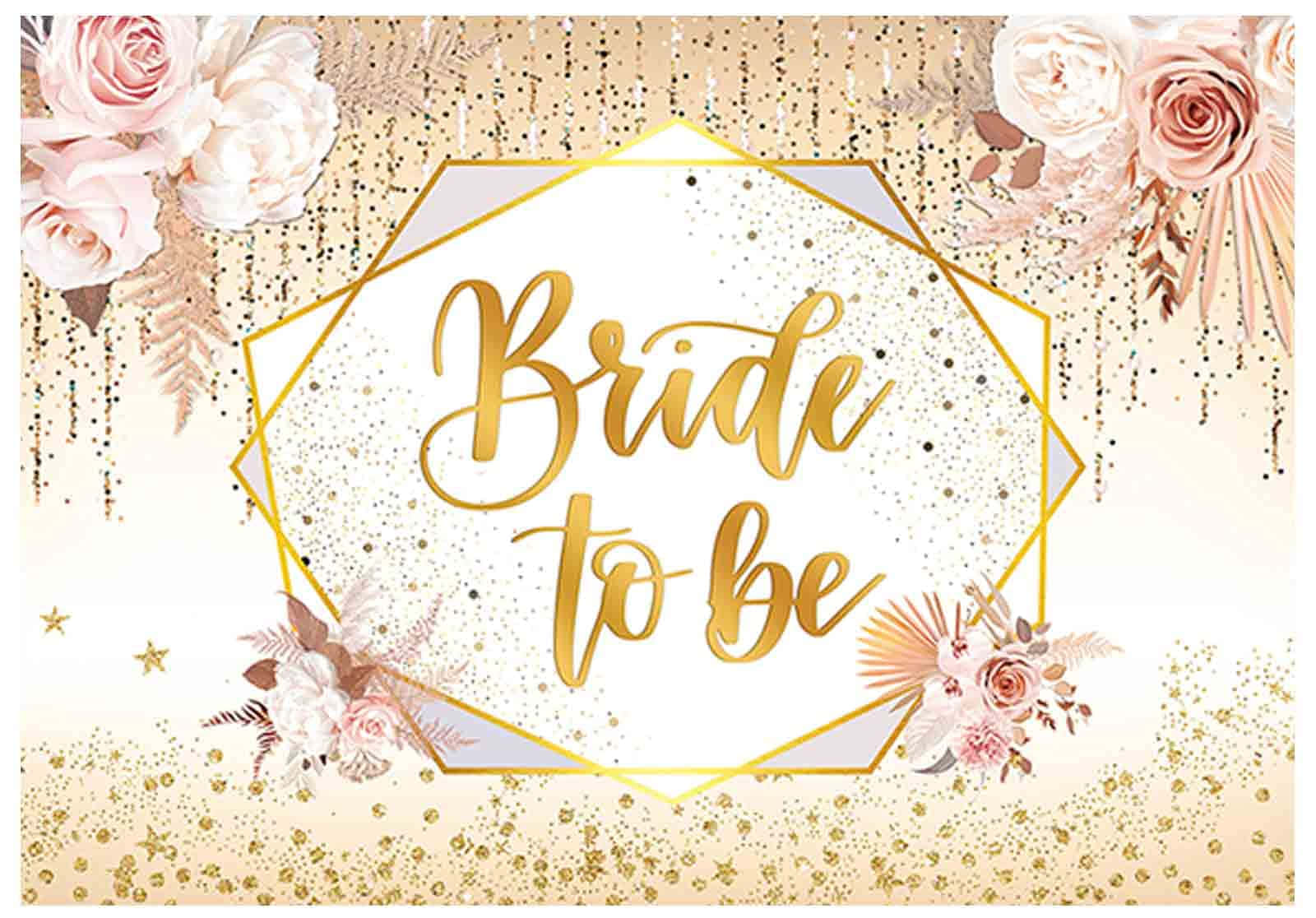 婚禮慶典從新娘派對開始 壁紙 — 一個華麗的「Bride to be」背景，帶有金色閃粉星星和柔和的粉紅玫瑰，置於幾何框架內。