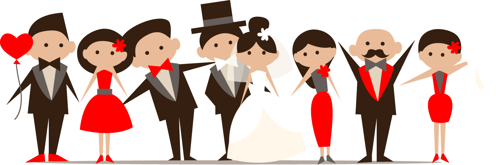 婚禮派對卡通圖 壁紙 — 一個歡樂的卡通婚禮派對，新娘、新郎和賓客穿著正式服裝，手持紅色氣球和鮮花。