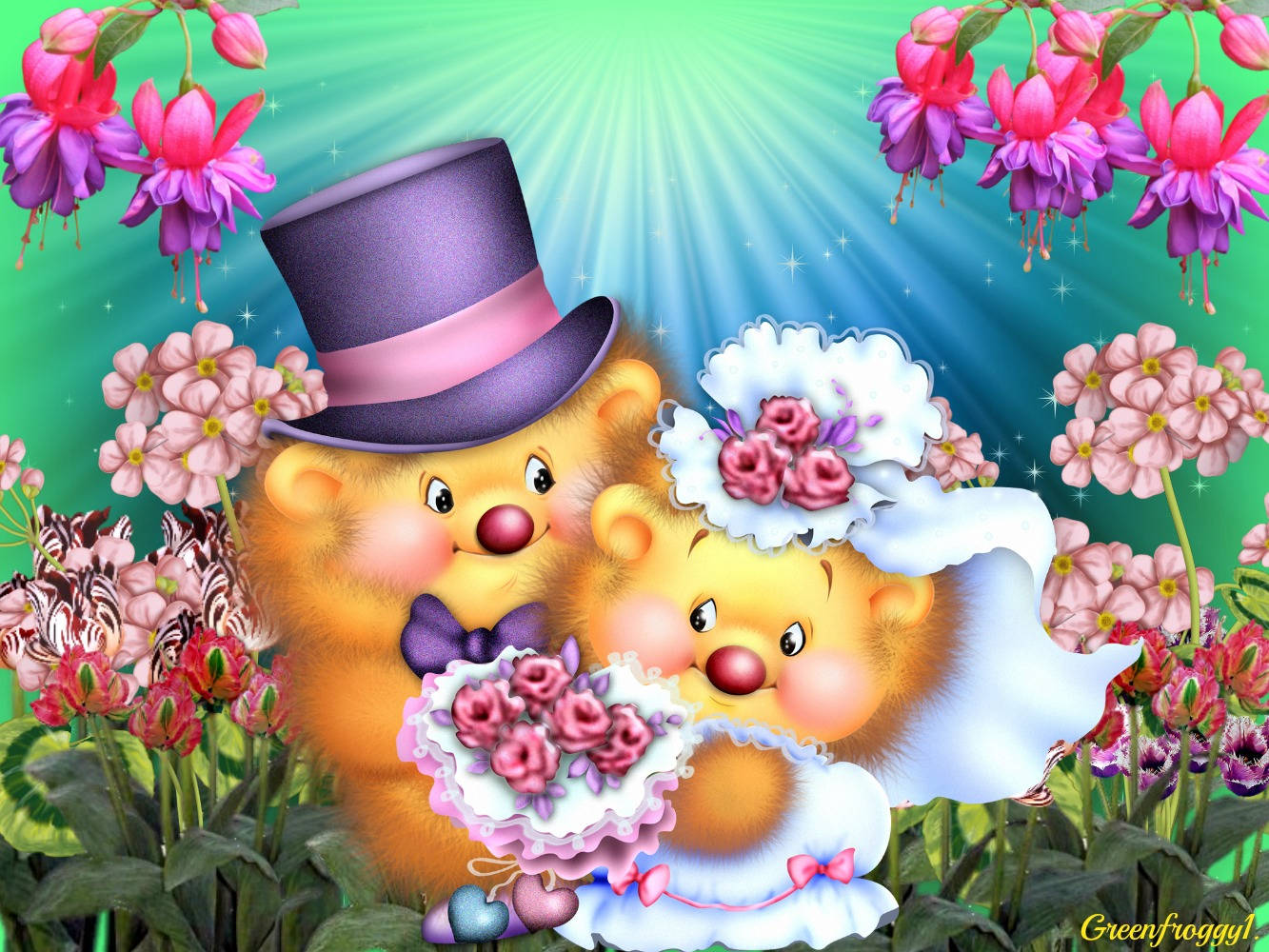 婚禮美學卡通 壁紙 — 兩隻穿著婚禮服飾的卡通熊在充滿活力的粉紅色、紫色和綠色花朵中，在燦爛的陽光下擁抱。