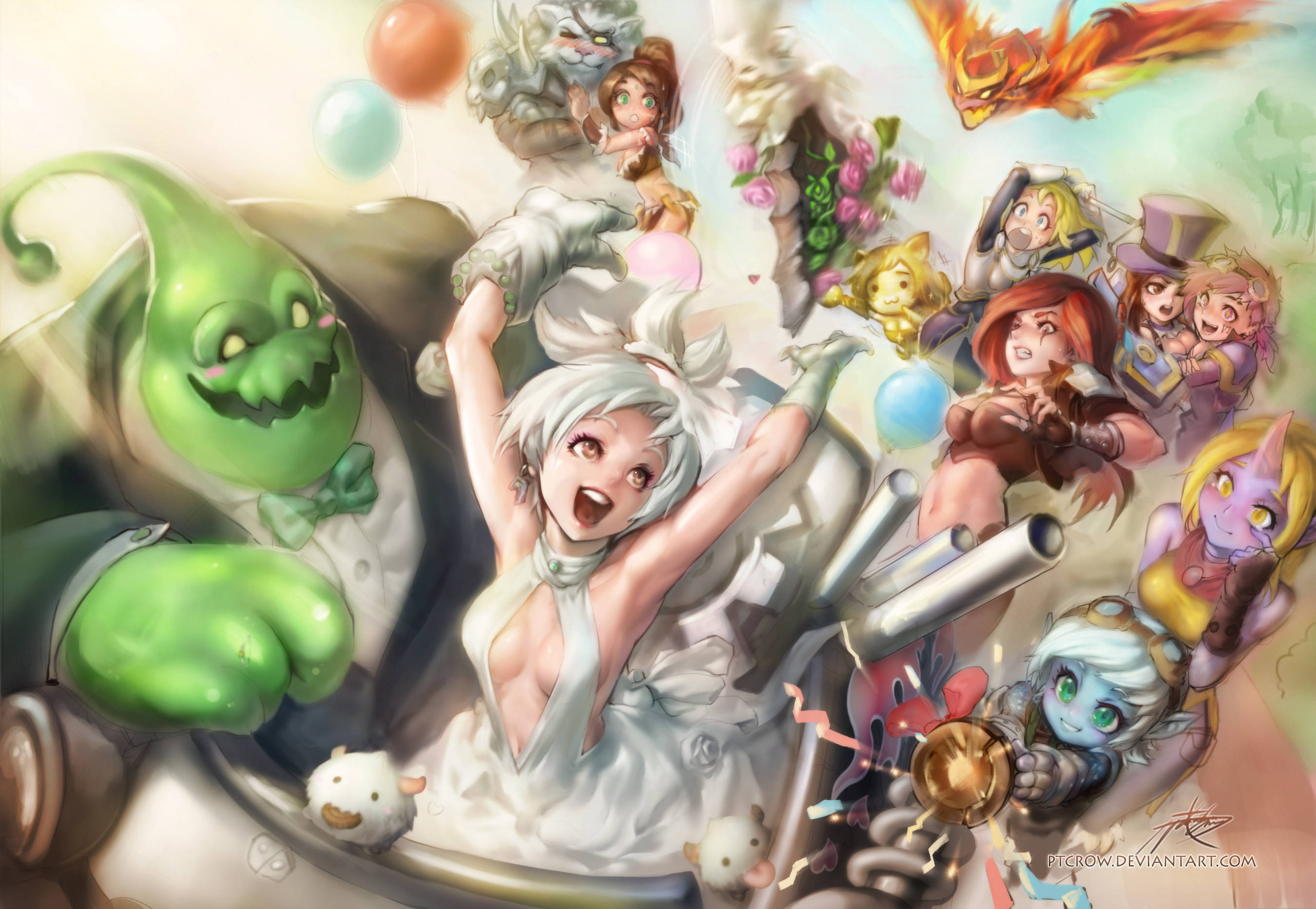 婚禮美學英雄聯盟 壁紙 — 一個歡樂的動漫風格慶祝場景，包含多種奇幻角色，包括綠色哥布林、白髮新娘和漂浮的氣球。