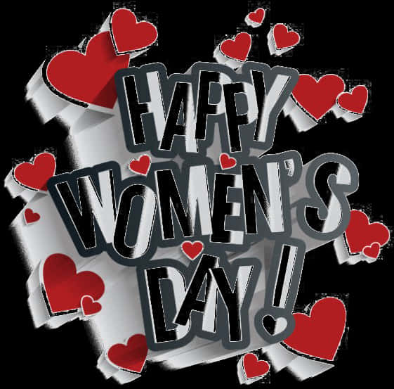 婦女節慶祝圖形 壁紙 — 粗體3D文字顯示「HAPPY WOMEN'S DAY!」，周圍有紅色心形圖案，背景為黑色。