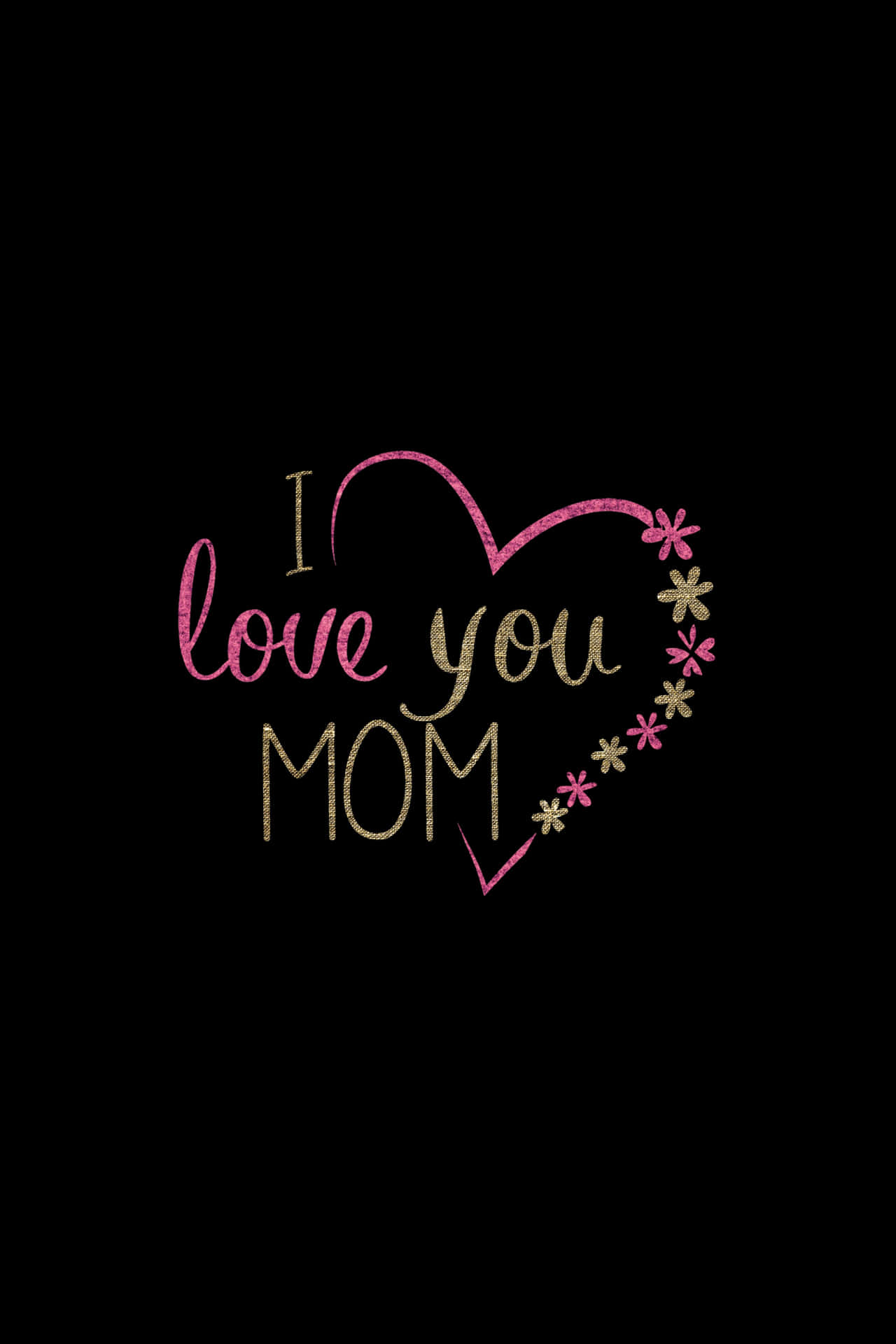 一個粉紅色和金色的閃亮心形，帶有「I love you MOM」文字和花卉點綴，背景為黑色。