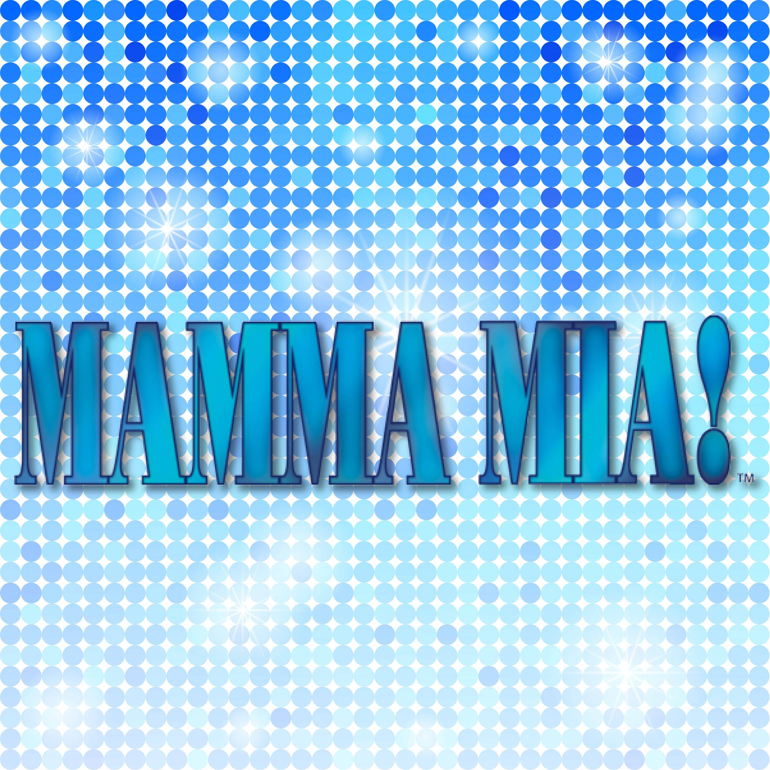 媽媽咪呀極簡藍色字體 壁紙 — 大膽的藍色「MAMMA MIA!」文字在閃爍的藍色圓點圖案背景上發光。