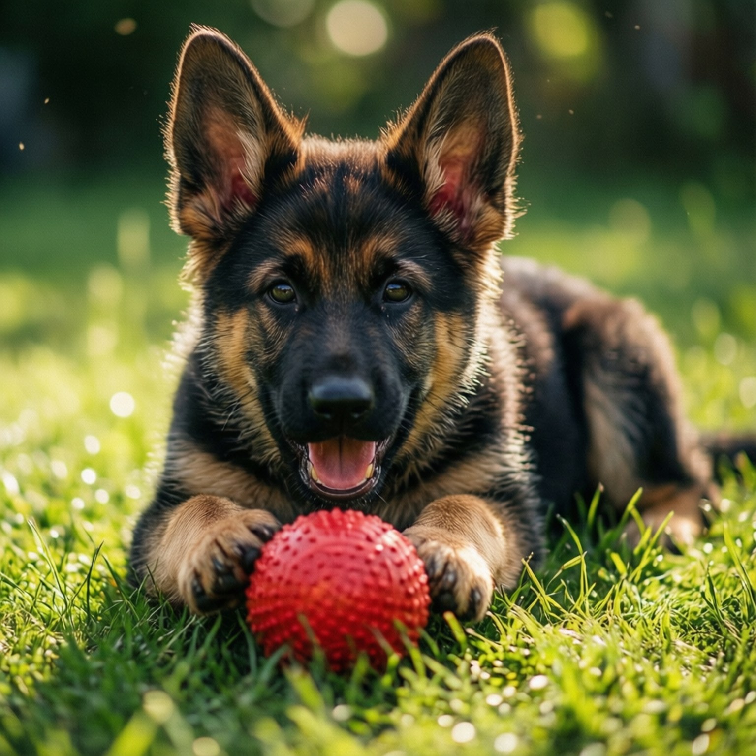 德國牧羊犬幼犬躺在草地上，抓著紅色球，舌頭伸出