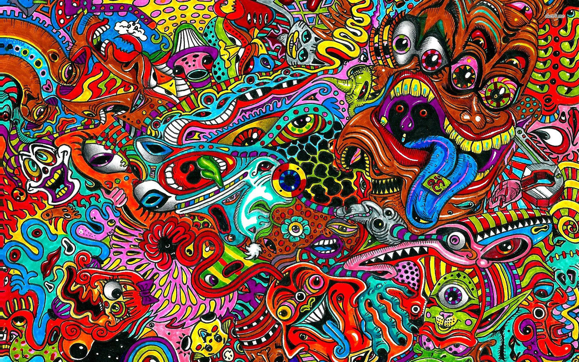 嬉皮士卡通角色插畫 壁紙 — 充滿混沌多彩生物和超現實圖案的鮮豔迷幻藝術作品。
