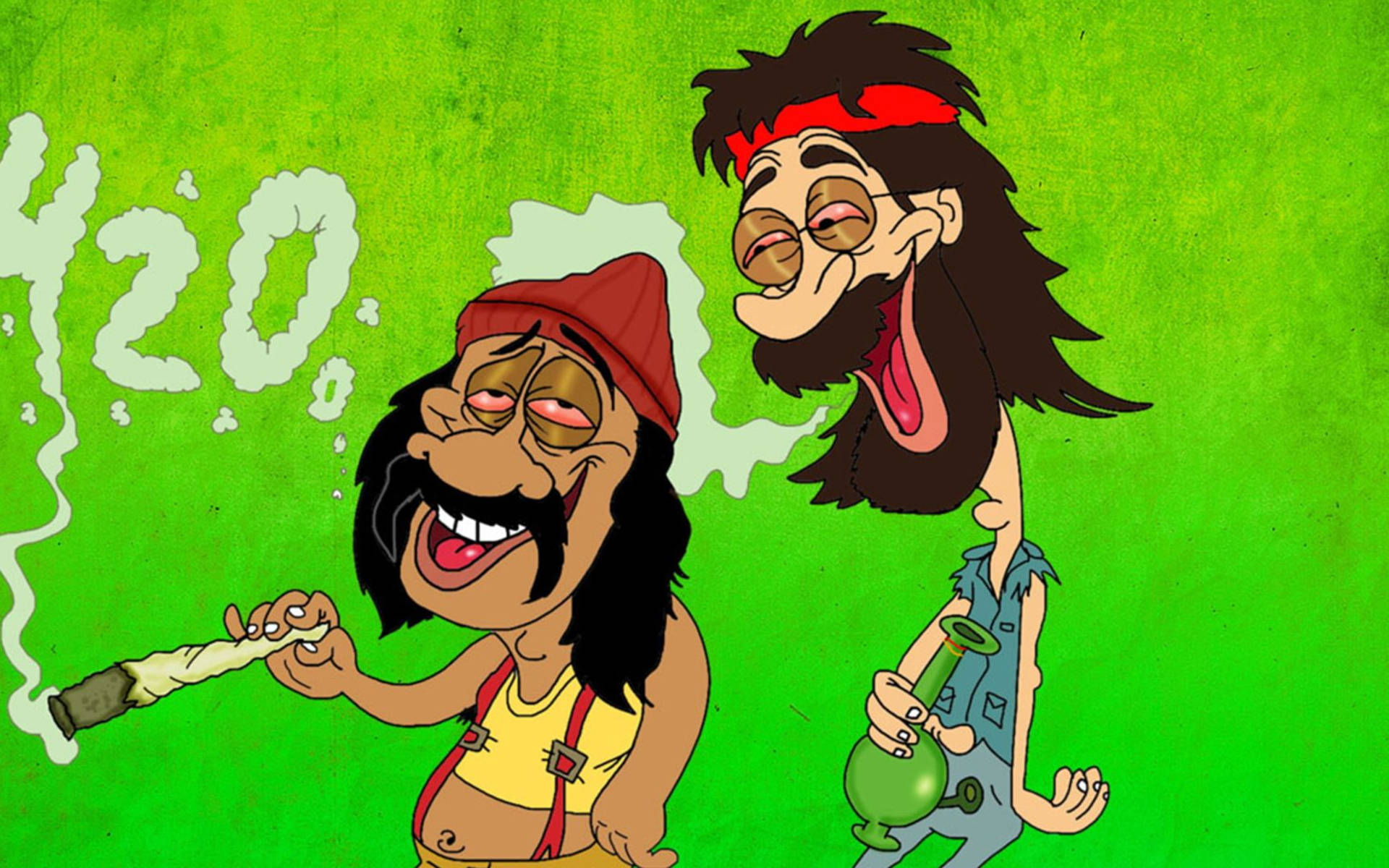 兩個卡通角色在綠色背景上吸食大麻，帶有'420'煙霧。