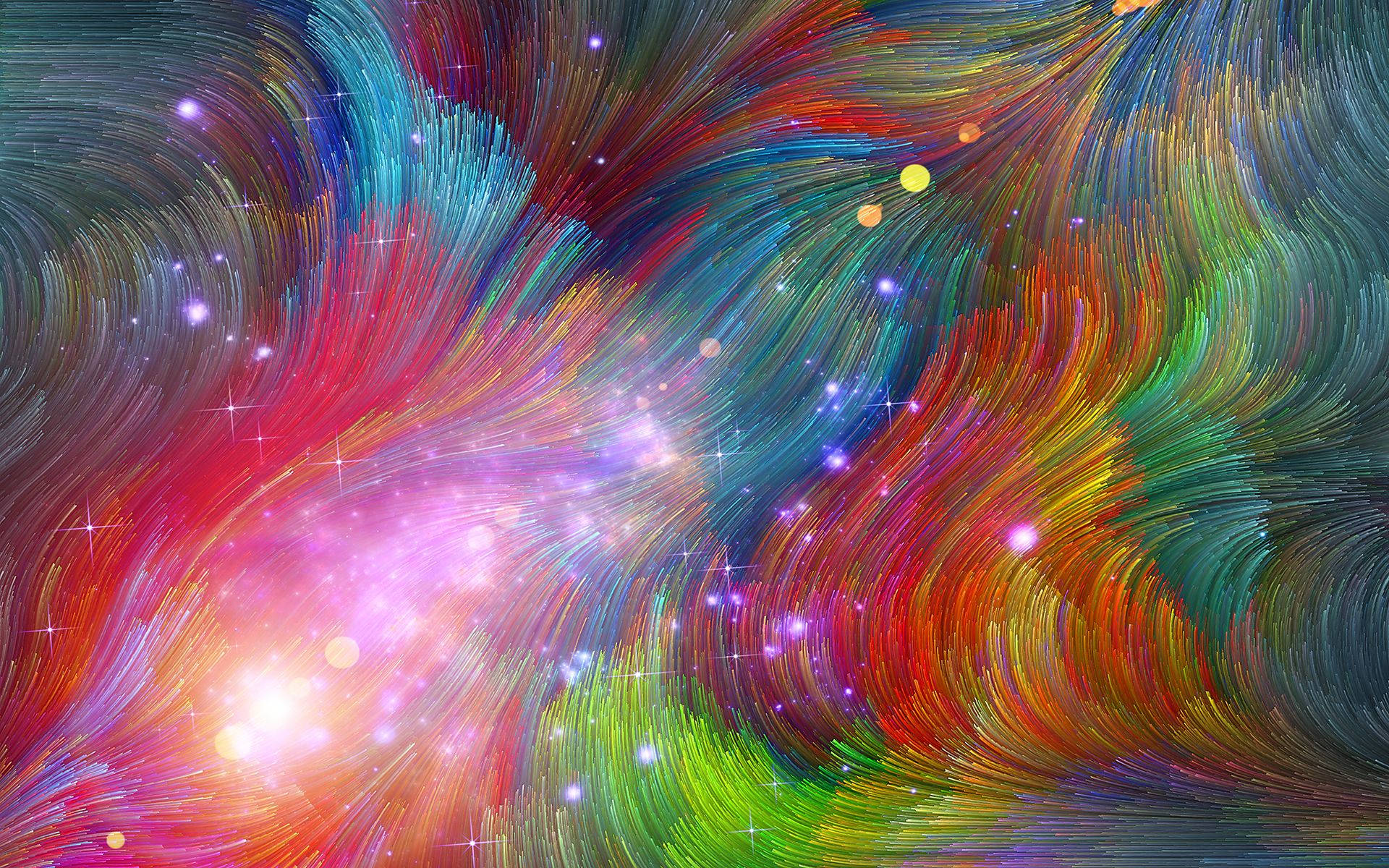 嬉皮士抽象畫插畫 壁紙 — 充滿活力的彩虹色宇宙漩渦和發光的星星形成了一個動態的抽象星系場景。