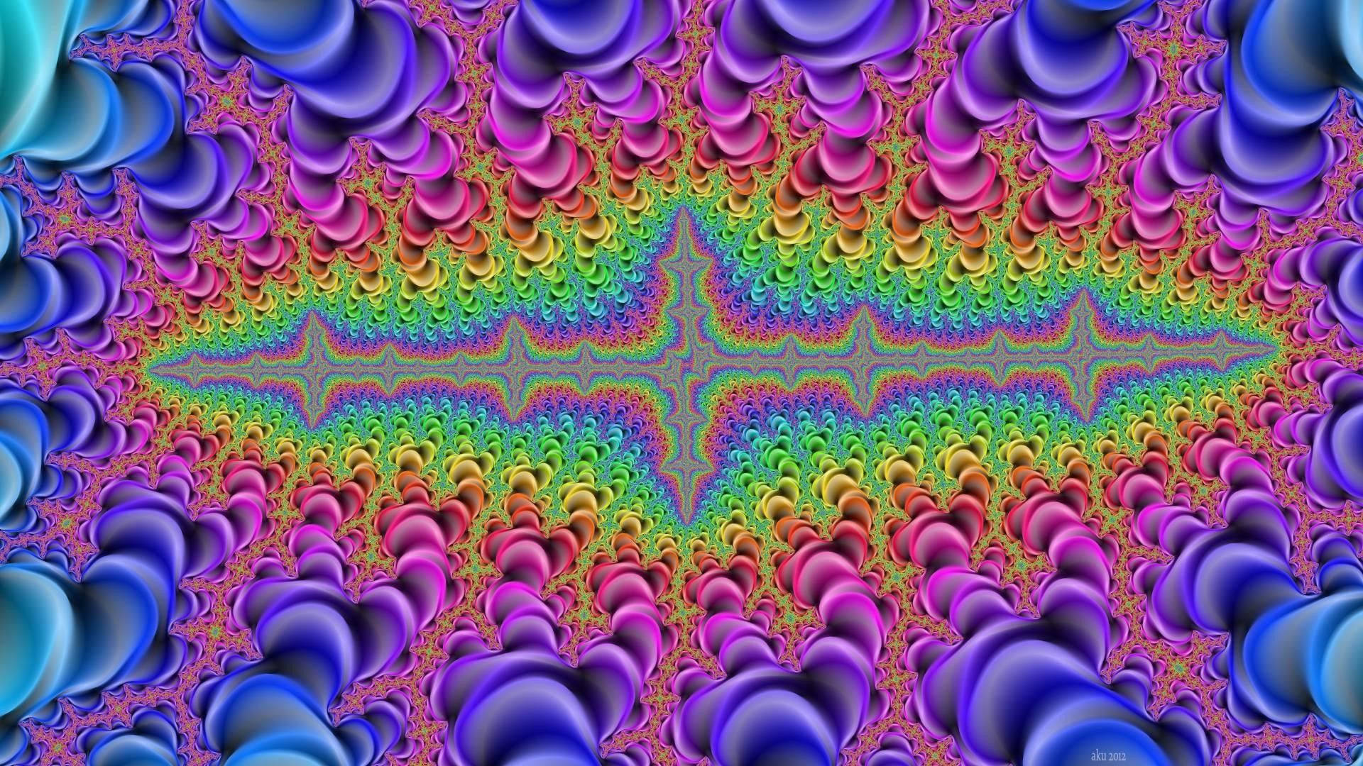 嬉皮士抽象霓虹色彩圖案 壁紙 — 充滿活力的分形圖案以彩虹色調和光澤紫藍色形狀的對稱爆發向外輻射。