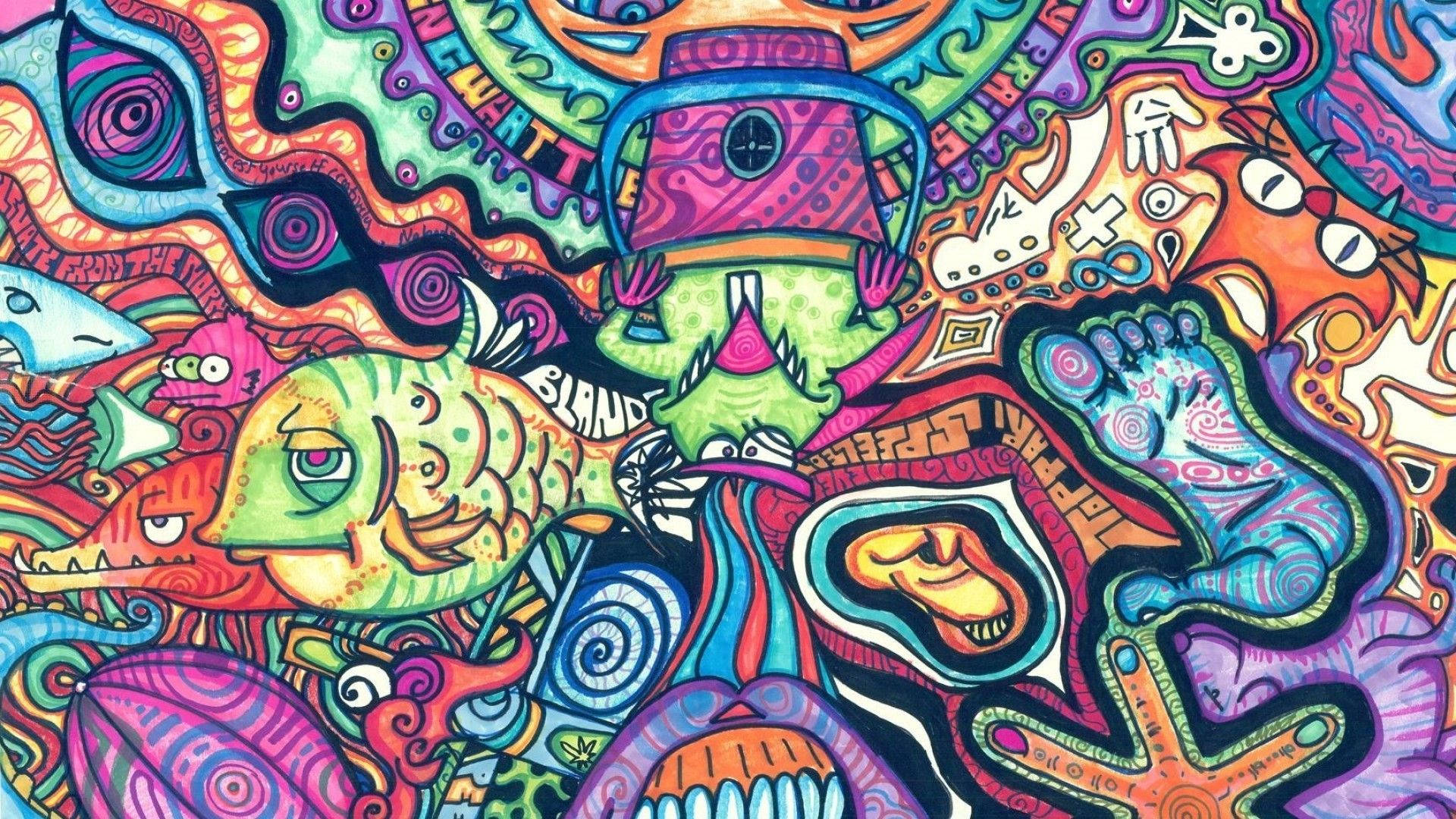 嬉皮士柔和色調卡通角色 壁紙 — 充滿超現實生物和漩渦圖案的鮮豔迷幻插圖，色彩如電光般奪目。