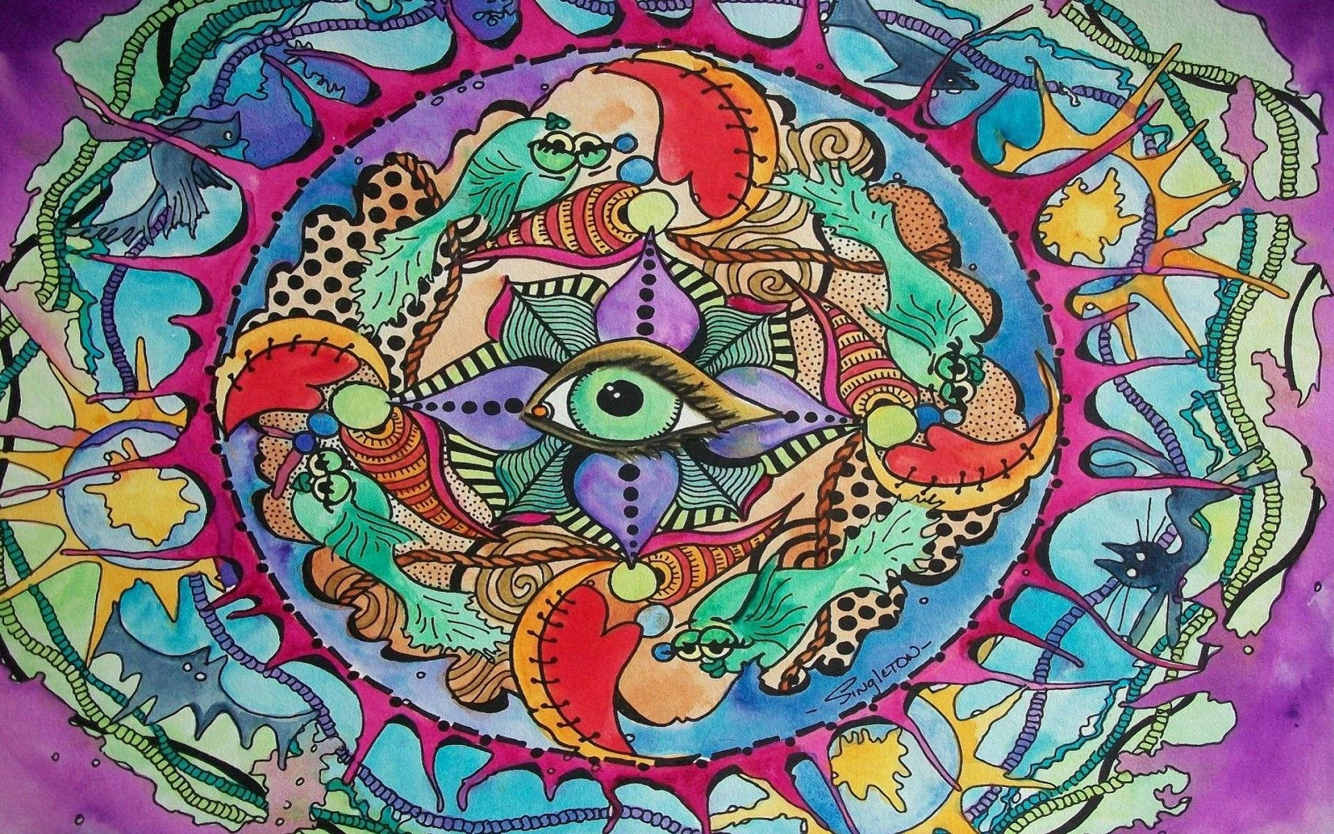 嬉皮士眼睛與魚插畫 壁紙 — 一幅充滿活力的迷幻插圖，中央有一隻眼睛，周圍環繞著漩渦狀的有機圖案和色彩繽紛的抽象形狀。