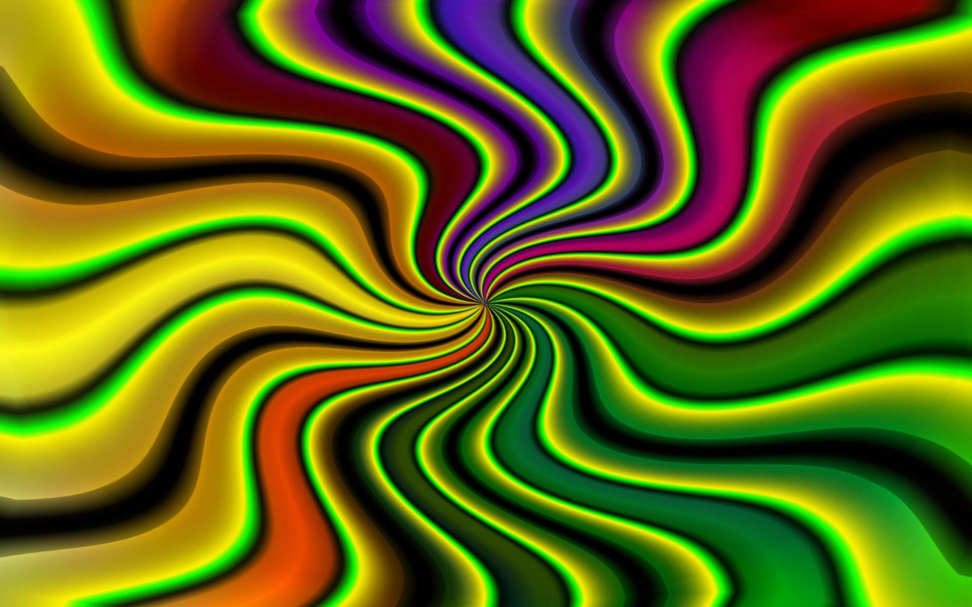嬉皮波浪線插畫 壁紙 — 充滿活力的迷幻霓虹色彩漩渦匯聚成一個帶有發光邊緣的催眠漩渦。