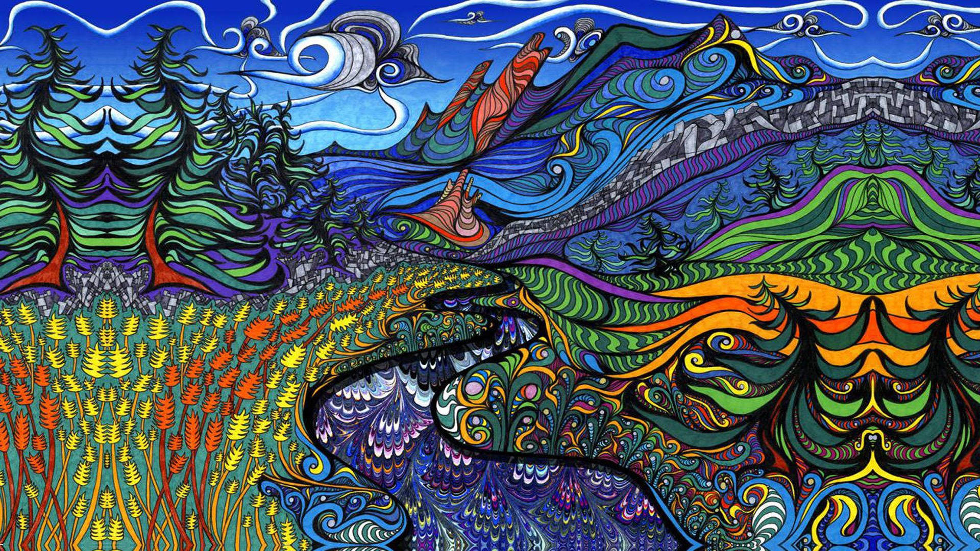 嬉皮色彩風景插畫 壁紙 — 充滿活力的迷幻風景，有旋轉的山脈、森林和電光色的抽象圖案。