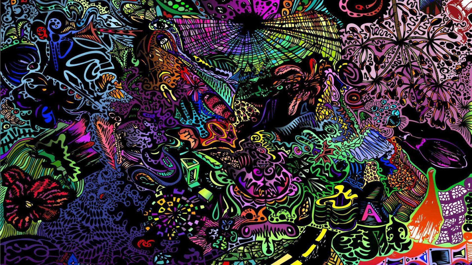 嬉皮隨機線條圖案插畫 壁紙 — 充滿霓虹色彩和複雜漩渦圖案的鮮豔迷幻數位藝術作品。
