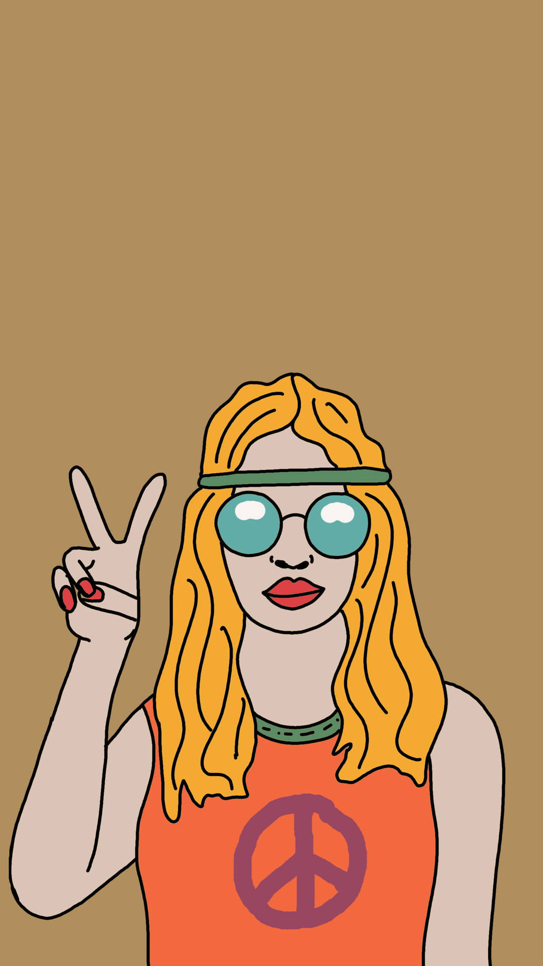 嬉皮風女孩波普藝術 壁紙 — 一個風格化的插圖，描繪一位金髮女性戴著和平標誌太陽眼鏡和橙色背心，做出和平手勢。