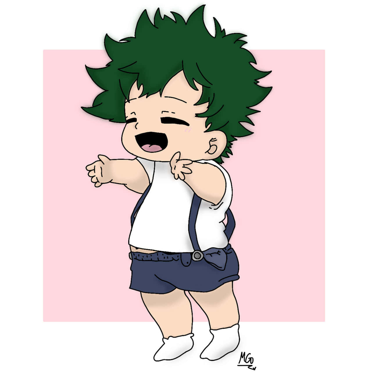 「嬰兒 Deku 的力量超越一切！」 壁紙 — 一個開心的動畫嬰兒，有著尖刺的綠色頭髮，穿著白色襯衫和藍色短褲，在柔和的粉紅色背景前歡樂地大笑。
