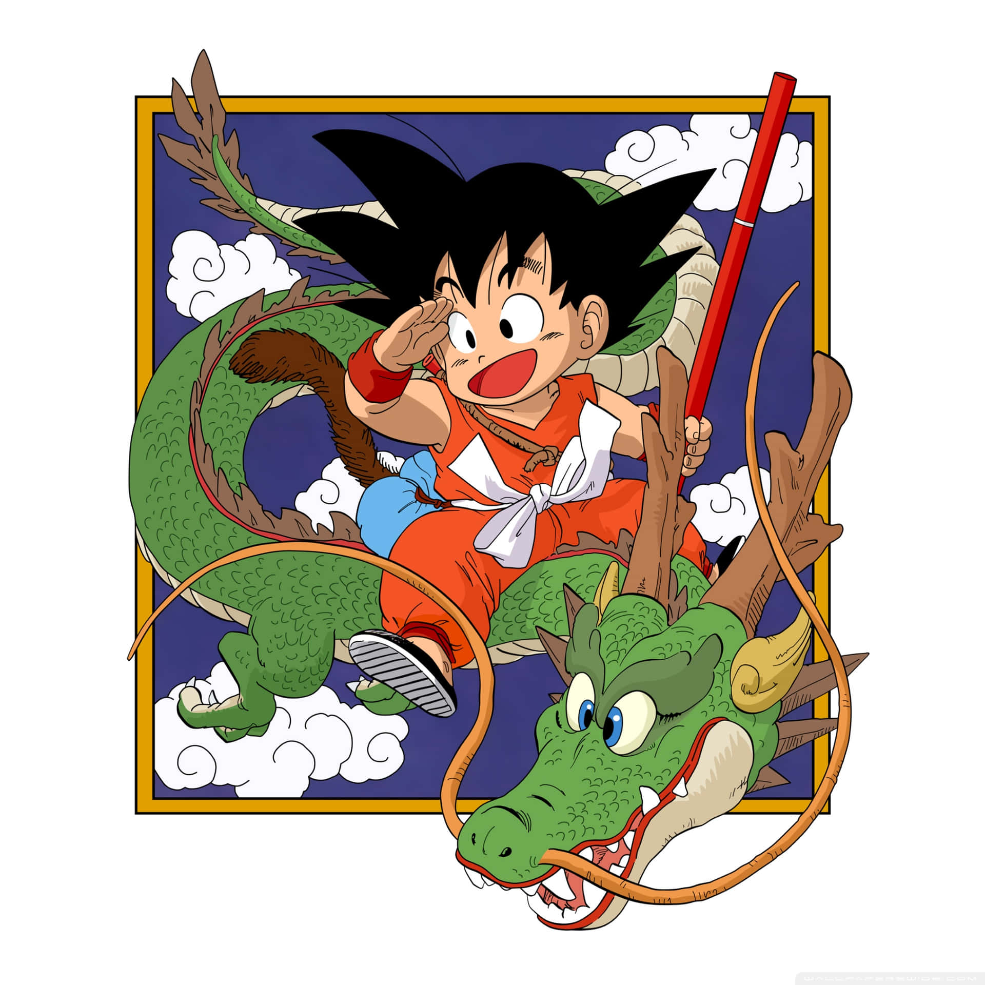 一個男孩以動漫風格騎著綠龍穿過雲層。