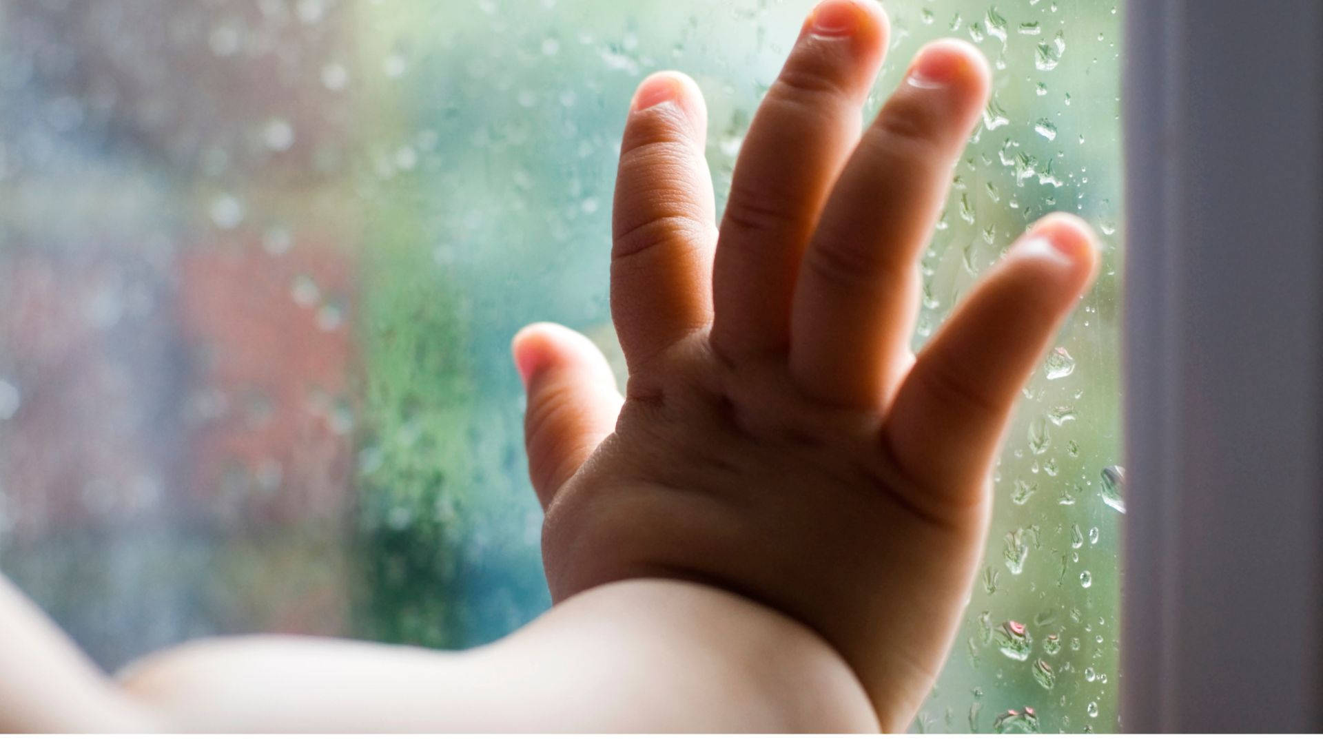小孩的手觸摸著雨窗，窗外景色模糊。