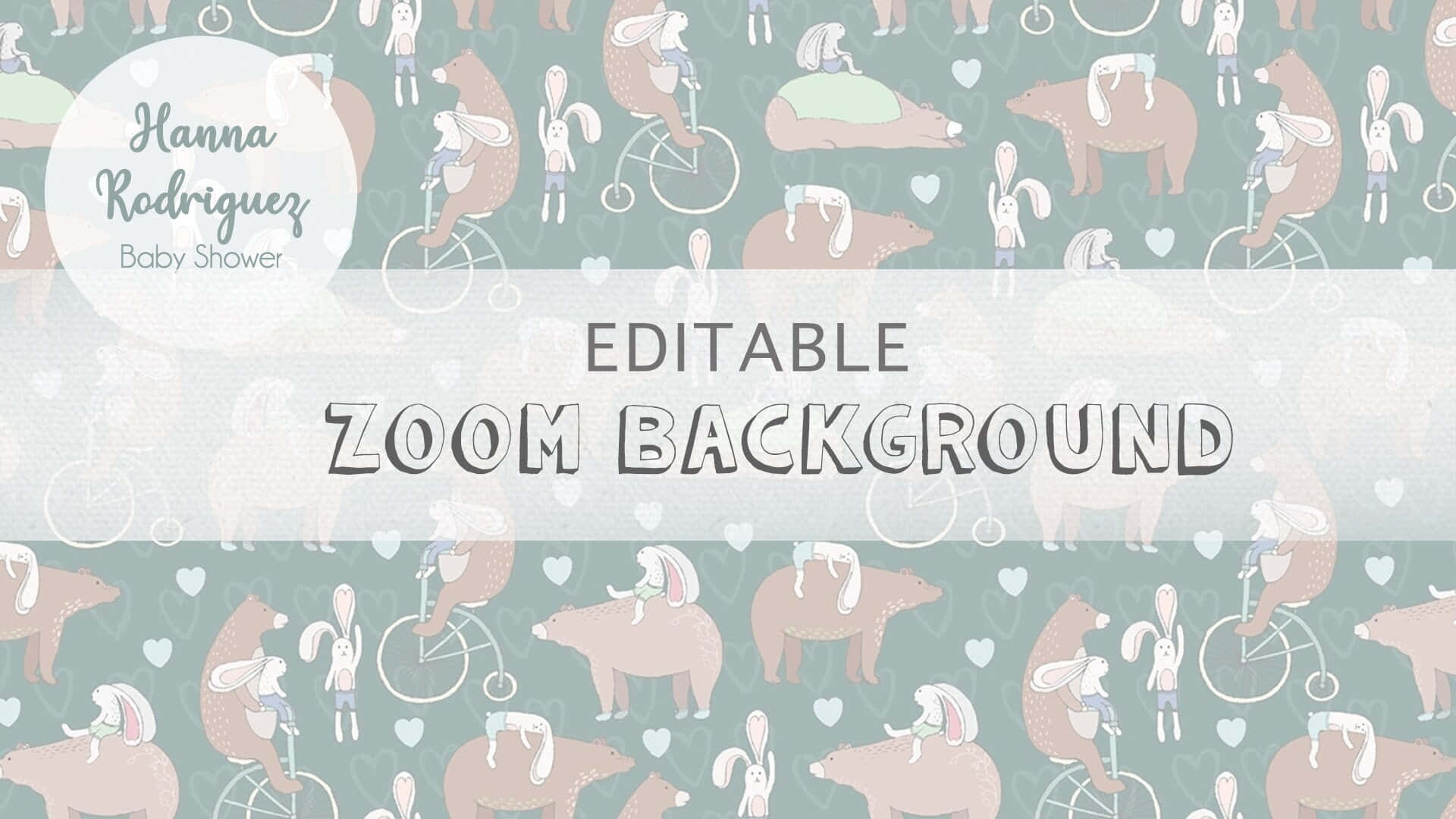 嬰兒派對 Zoom 背景 - 兔子熊貓 壁紙 — 柔和的青綠色牆紙圖案，可愛的兔子騎著單車在熊身上，心形圖案散落各處。