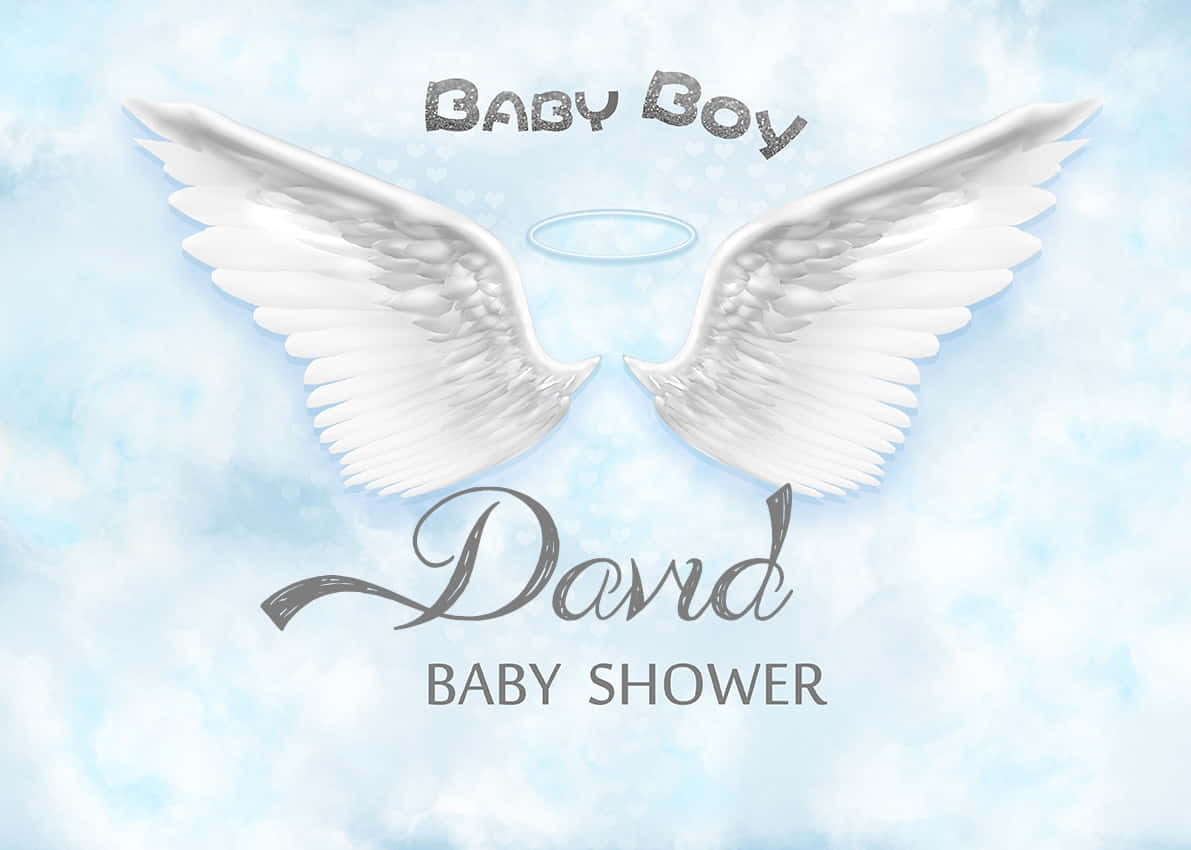 天使翅膀配上光環和 David 的嬰兒派對文字